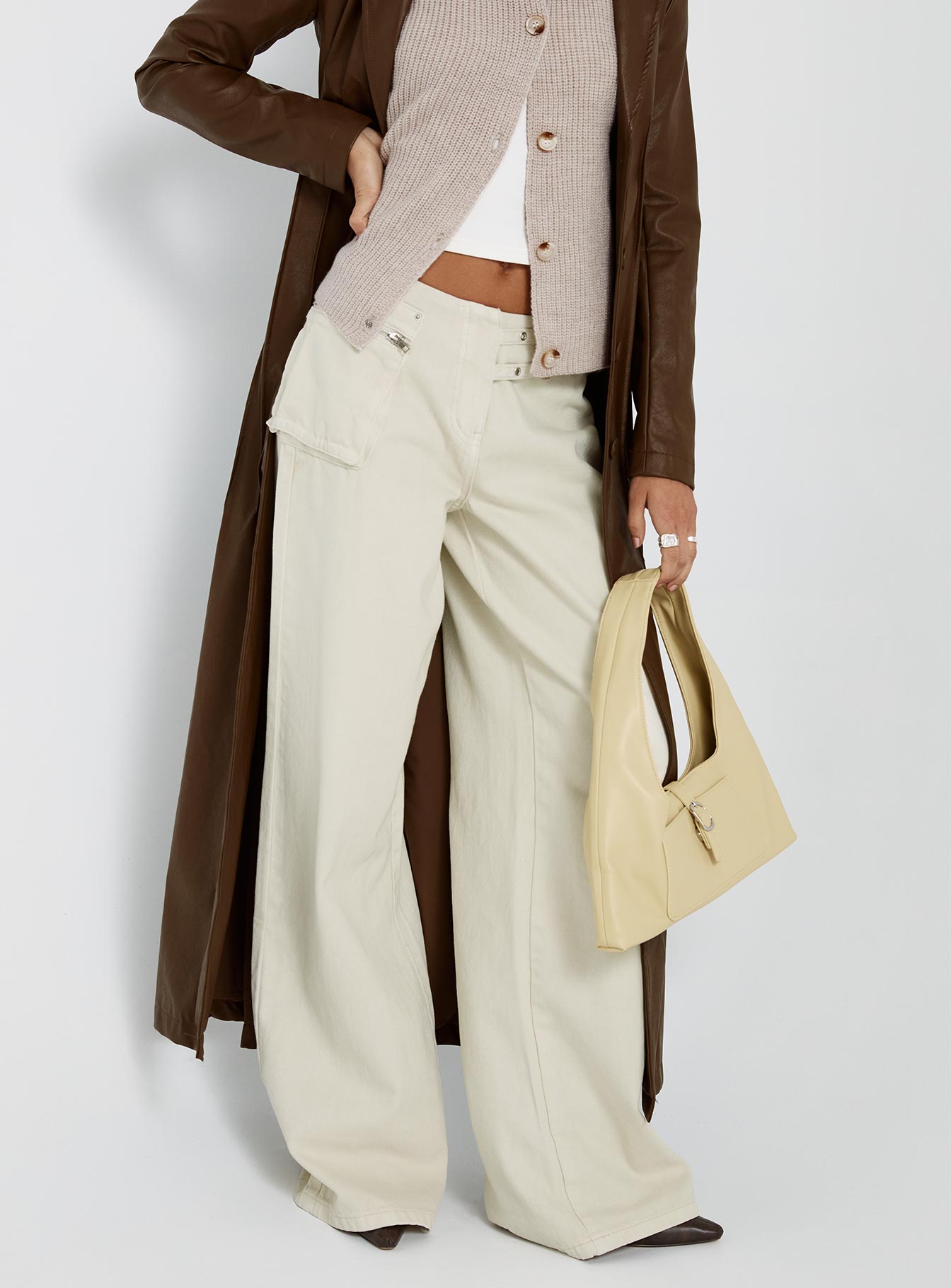 Paltrow Mid Rise Wide Leg Cargo Jeans Cream Petite women's denim jeans by Ellevoria