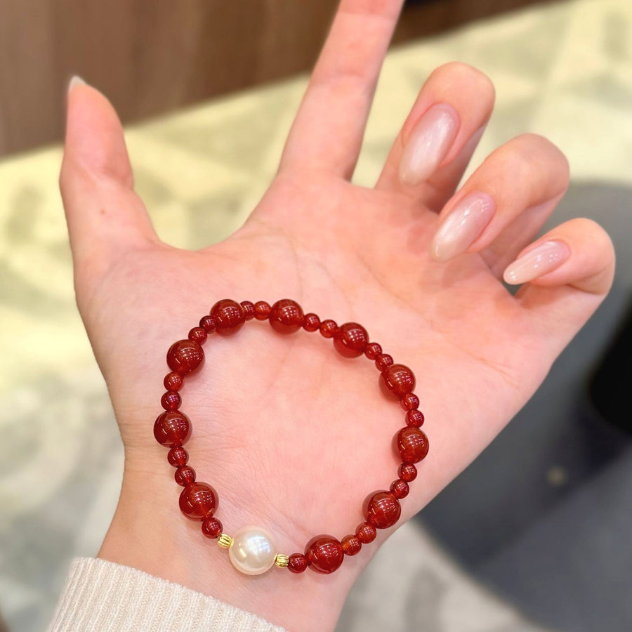 Faith & Blessing Red Cinnabar Bead Bracelet with Pearl Accent