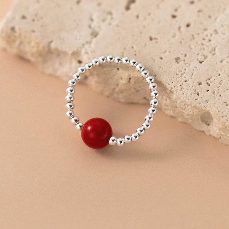 Red Cinnabar Bead Stretch Ring – product image 3