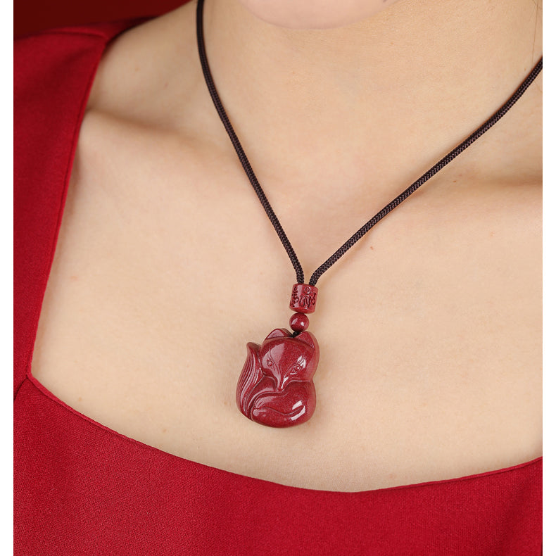 Cinnabar Nine-Tailed Fox Pendant Necklace
