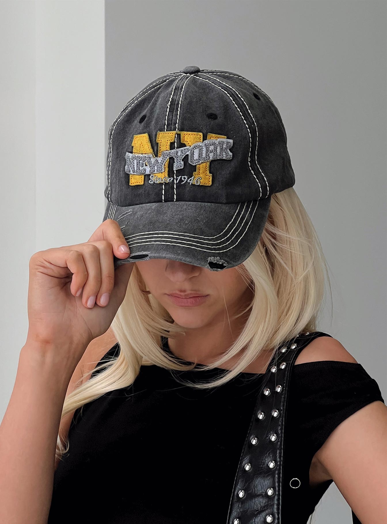 Back To Back Distressed Cap Black women's accessory by Ellevoria