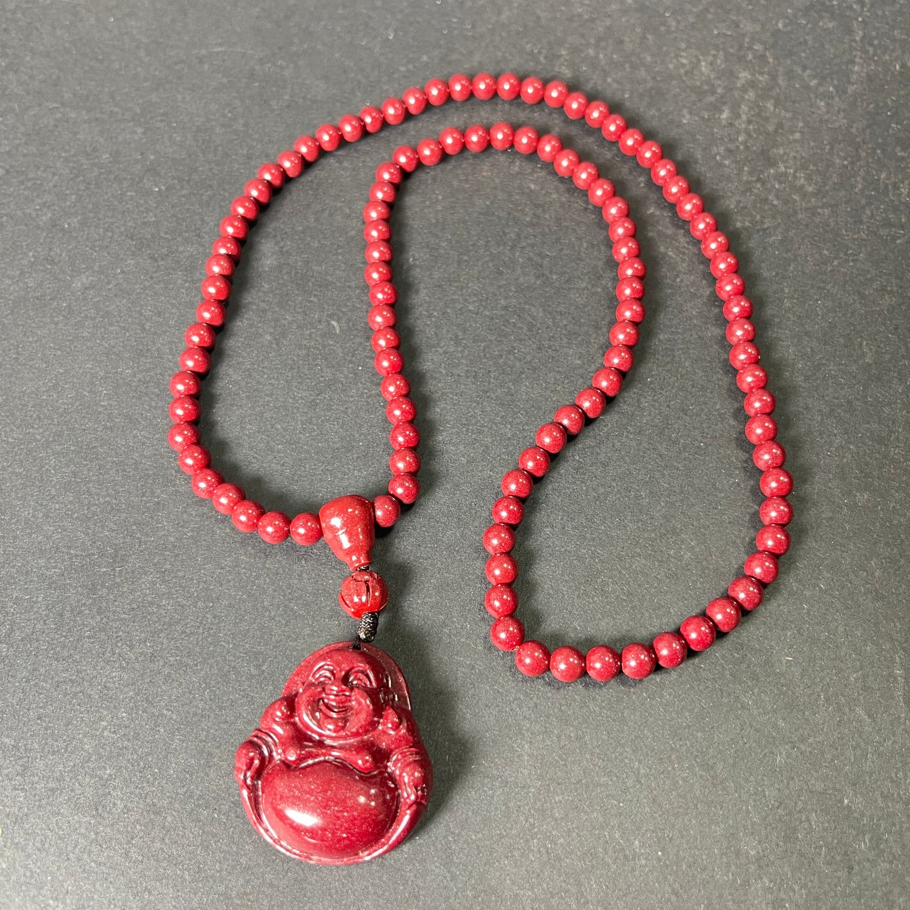 108 Cinnabar Mala Rosary Necklace with Laughing Buddha