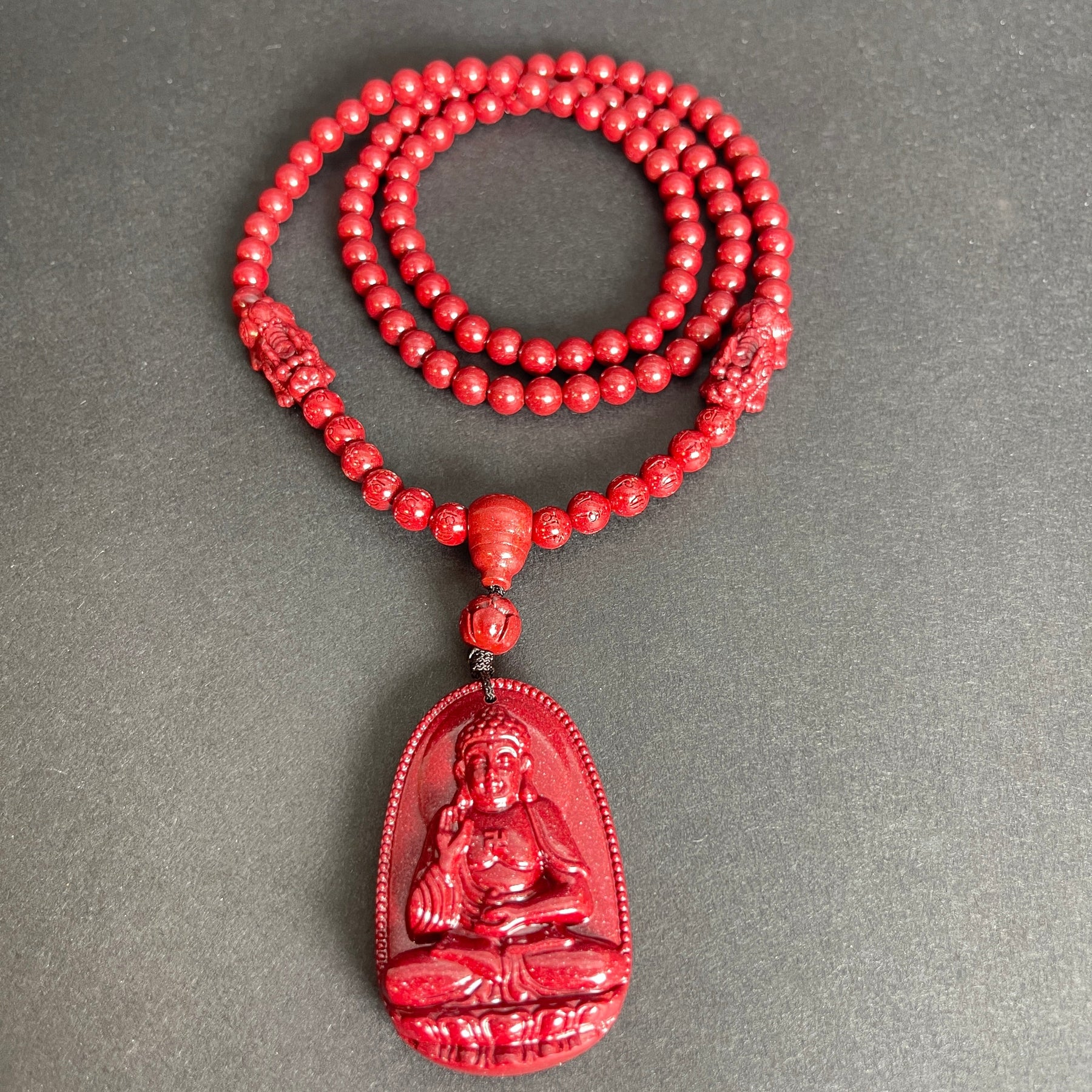 108 Cinnabar Mala Rosary Necklace with Guardian Buddha