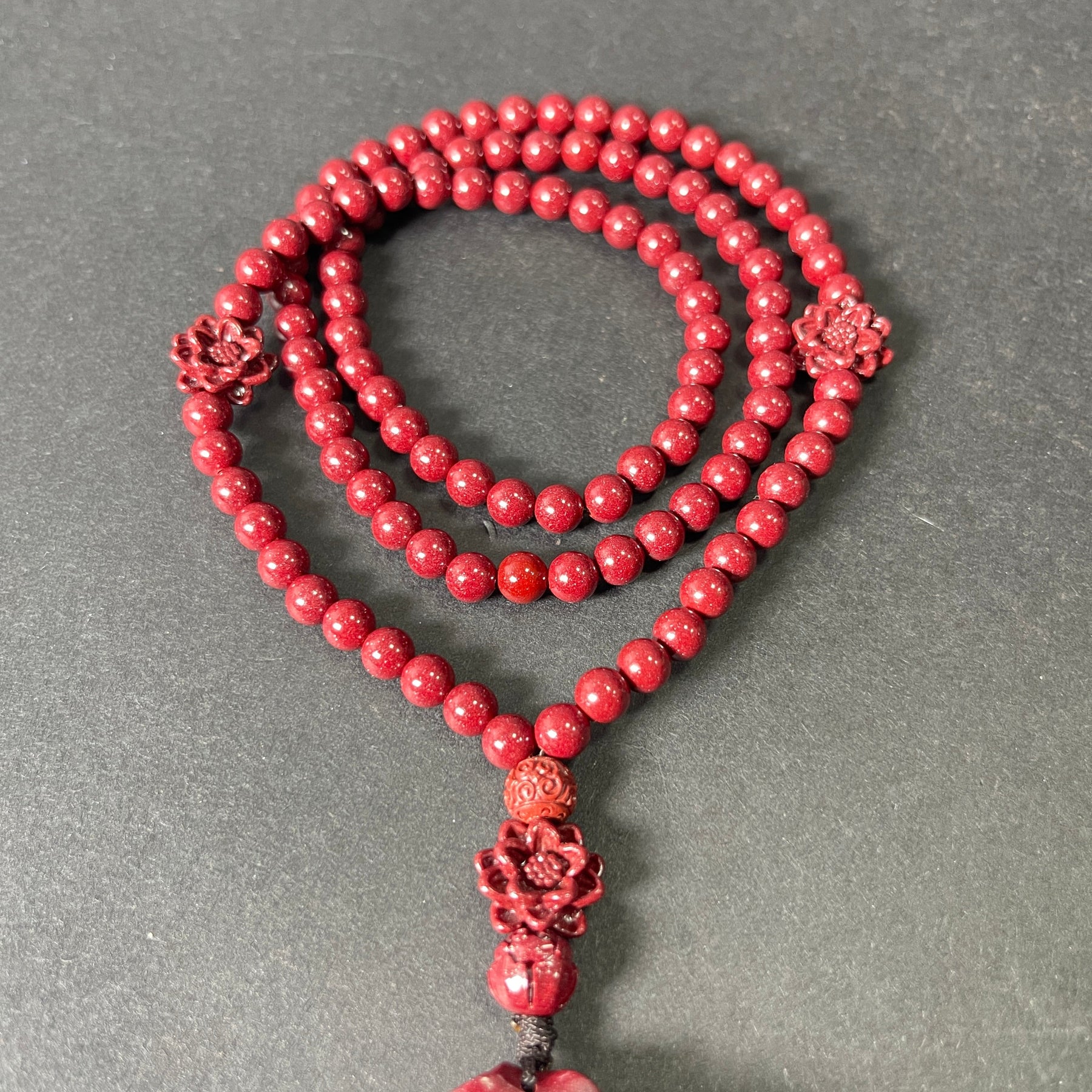 108 Cinnabar Mala Rosary Necklace with Rose Pendant