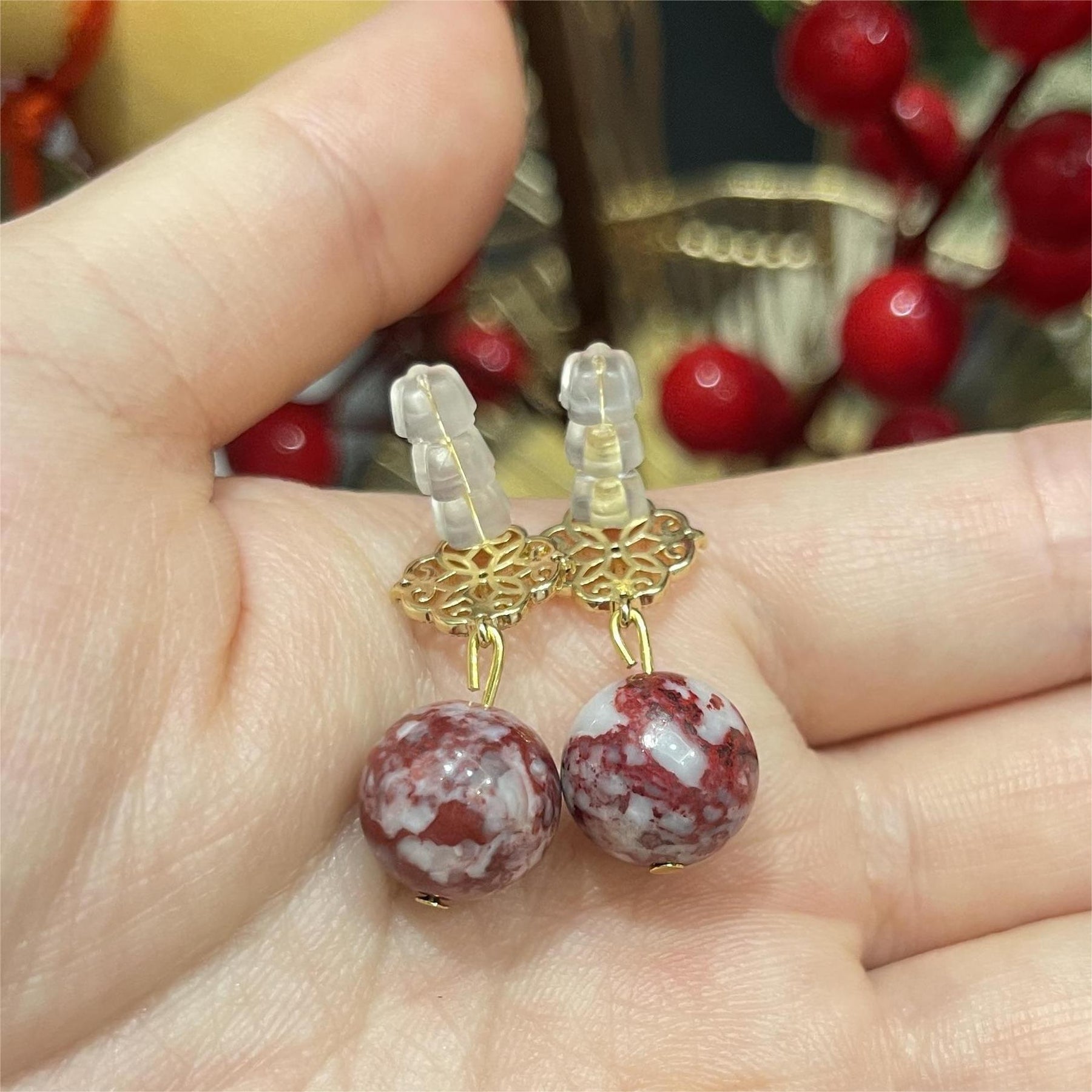 14k Gold & Raw Cinnabar Bead Earrings – Natural Gemstone Drops