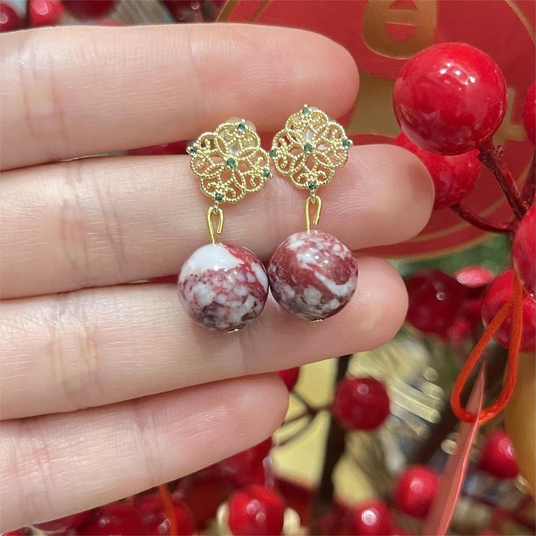 14k Gold & Raw Cinnabar Bead Earrings – Natural Gemstone Drops