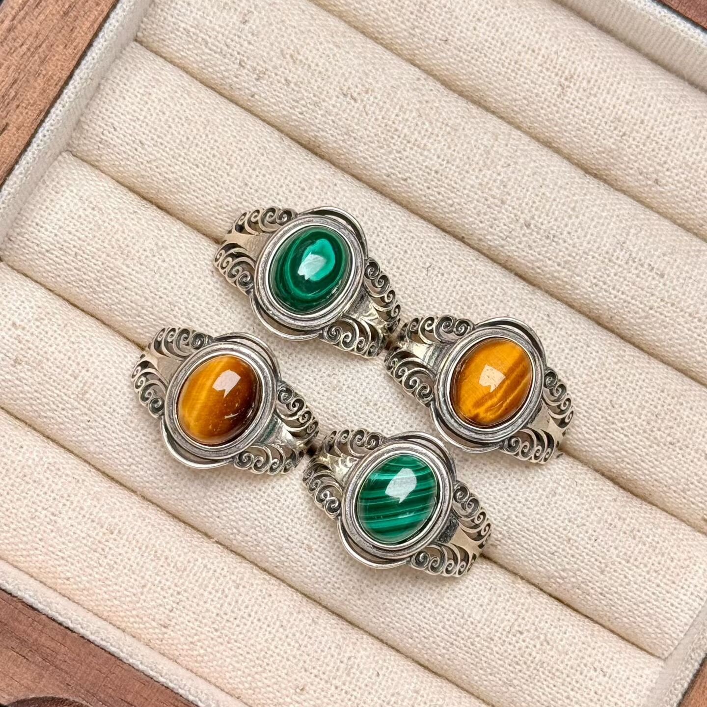 925 Silver Malachite Yellow Tiger's Eye Ring