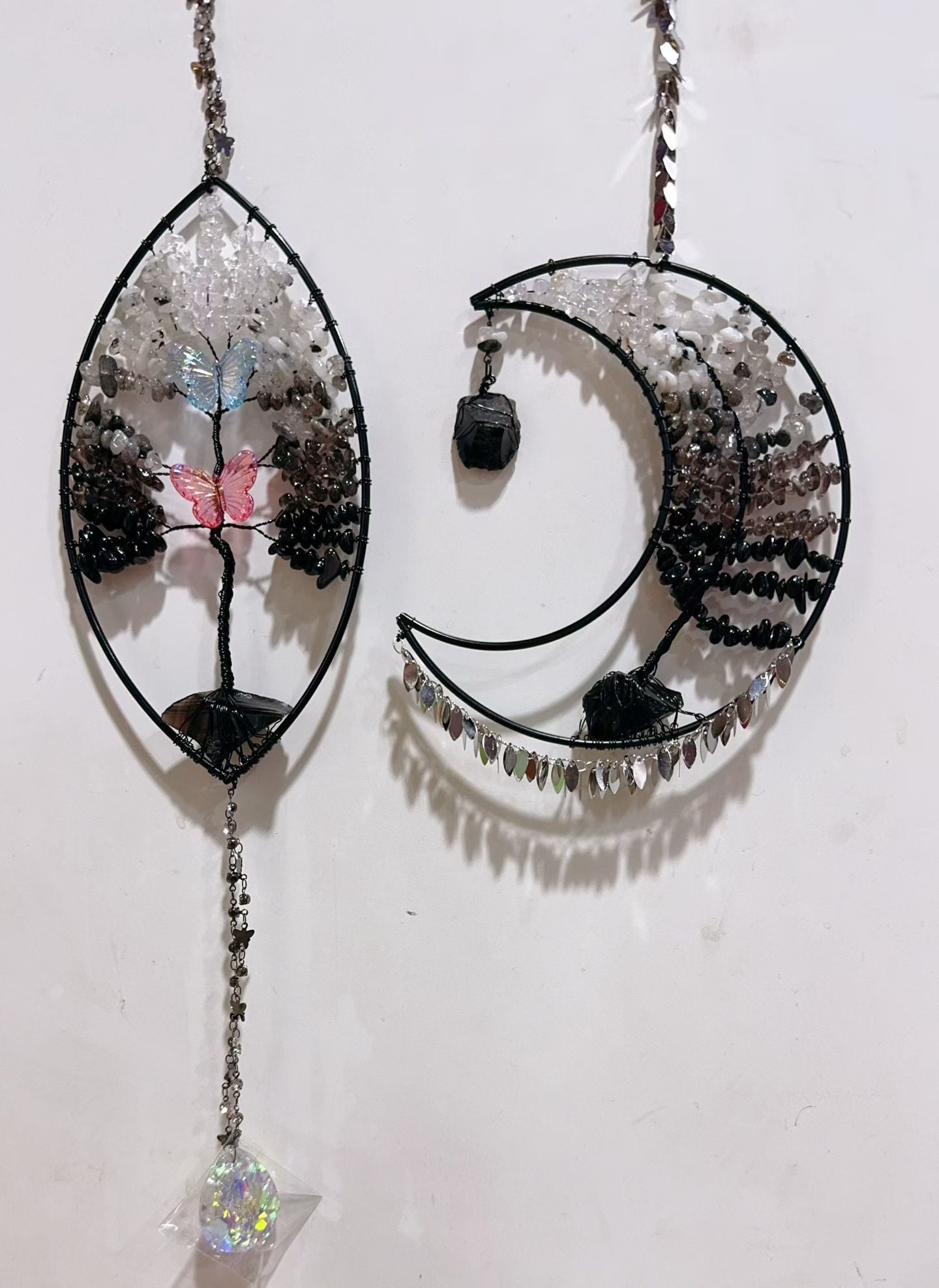 Wire Wrap Natural Gemstone Crystal Chips Moon Leaf Hanging Ornament