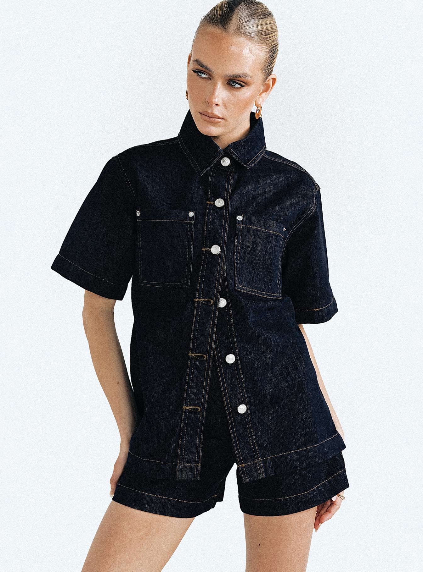 Whitaker Short Sleeve Shacket Dark Denim - women's shirt by Ellevoria - view 6