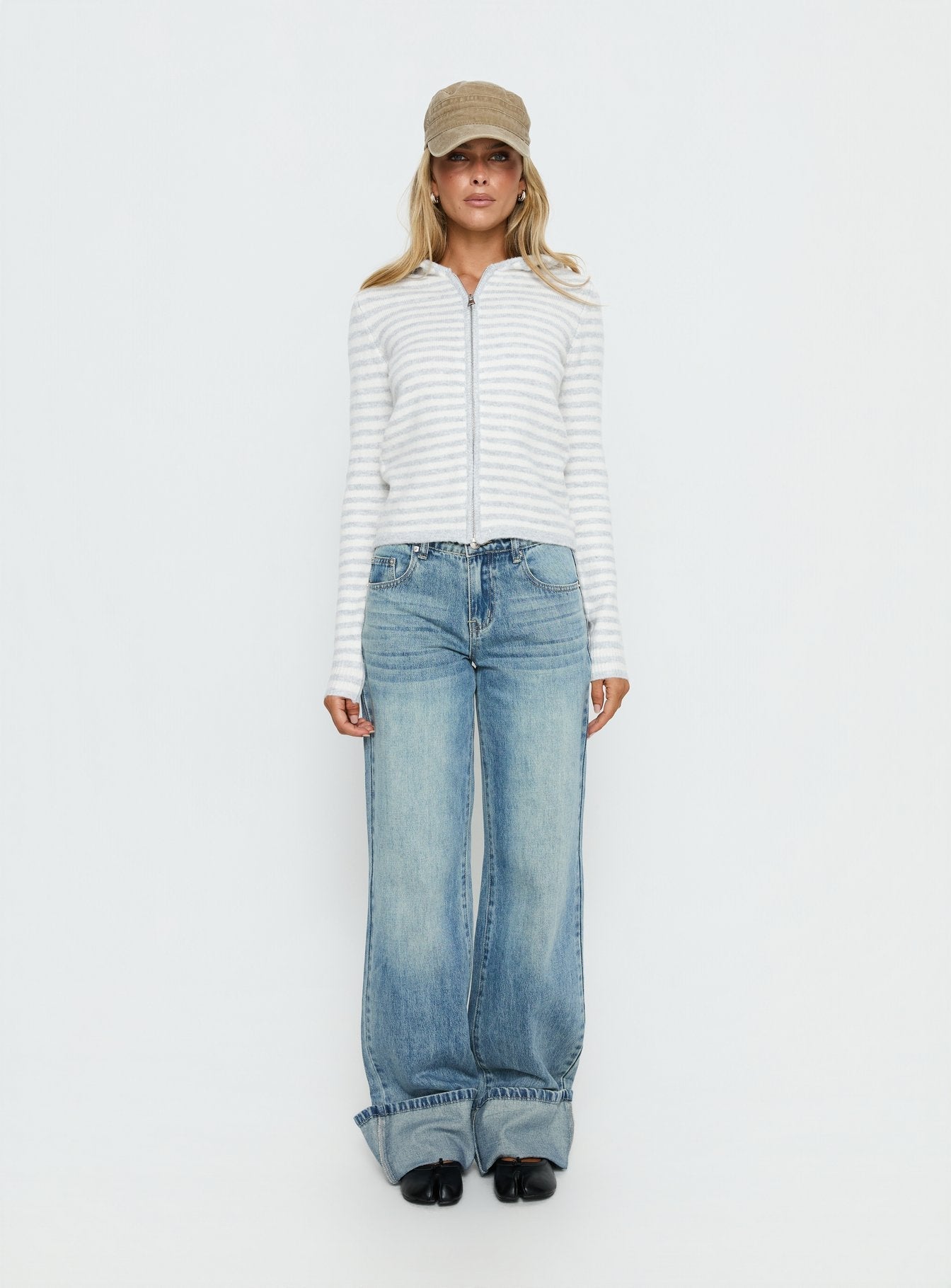 Superstars Zip Through Hoodie Grey / Cream Stripe women's sweater by Ellevoria