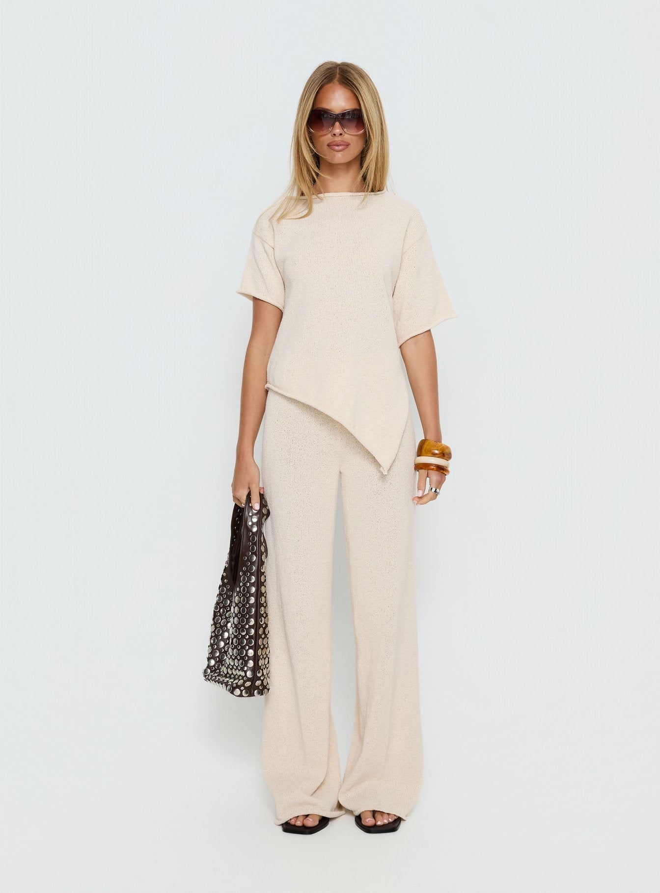 Calisse Knit Wide Leg Pants Beige women's pant set by Ellevoria