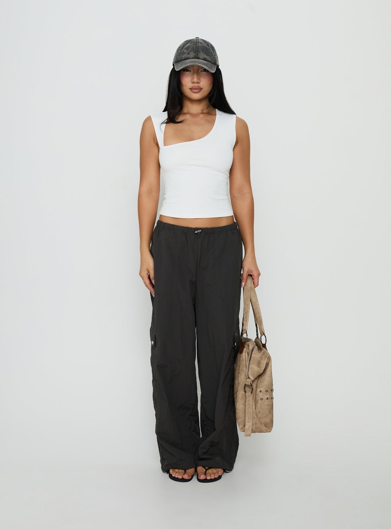 Lost On You Parachute Cargo Pants Charcoal - loose fit women's bottoms by Ellevoria