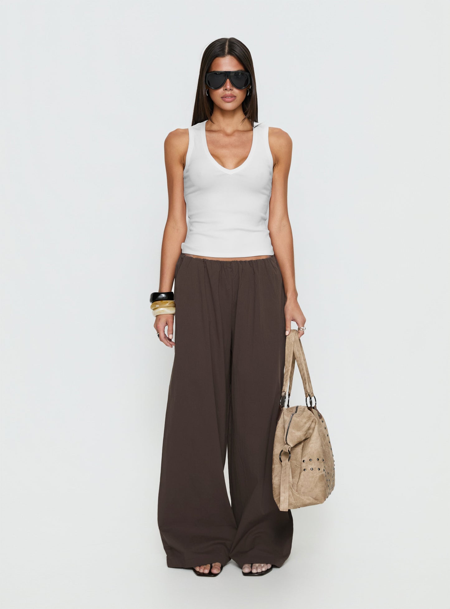 Lunea Concealed Waistband Pants Brown - loose fit women's bottoms by Ellevoria