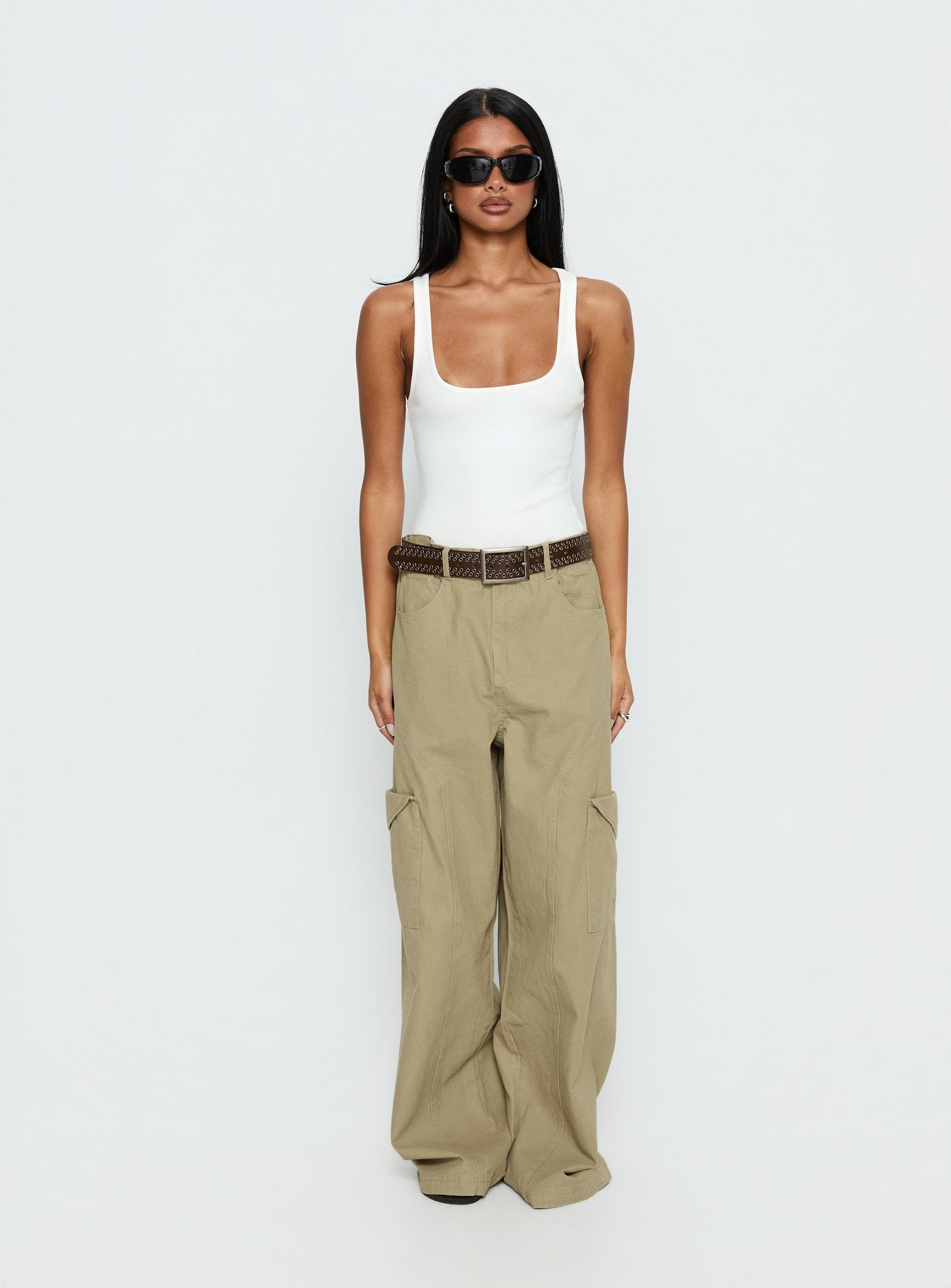 Sylene Pocket Detail Cargo Pants Khaki - loose fit women's bottoms by Ellevoria