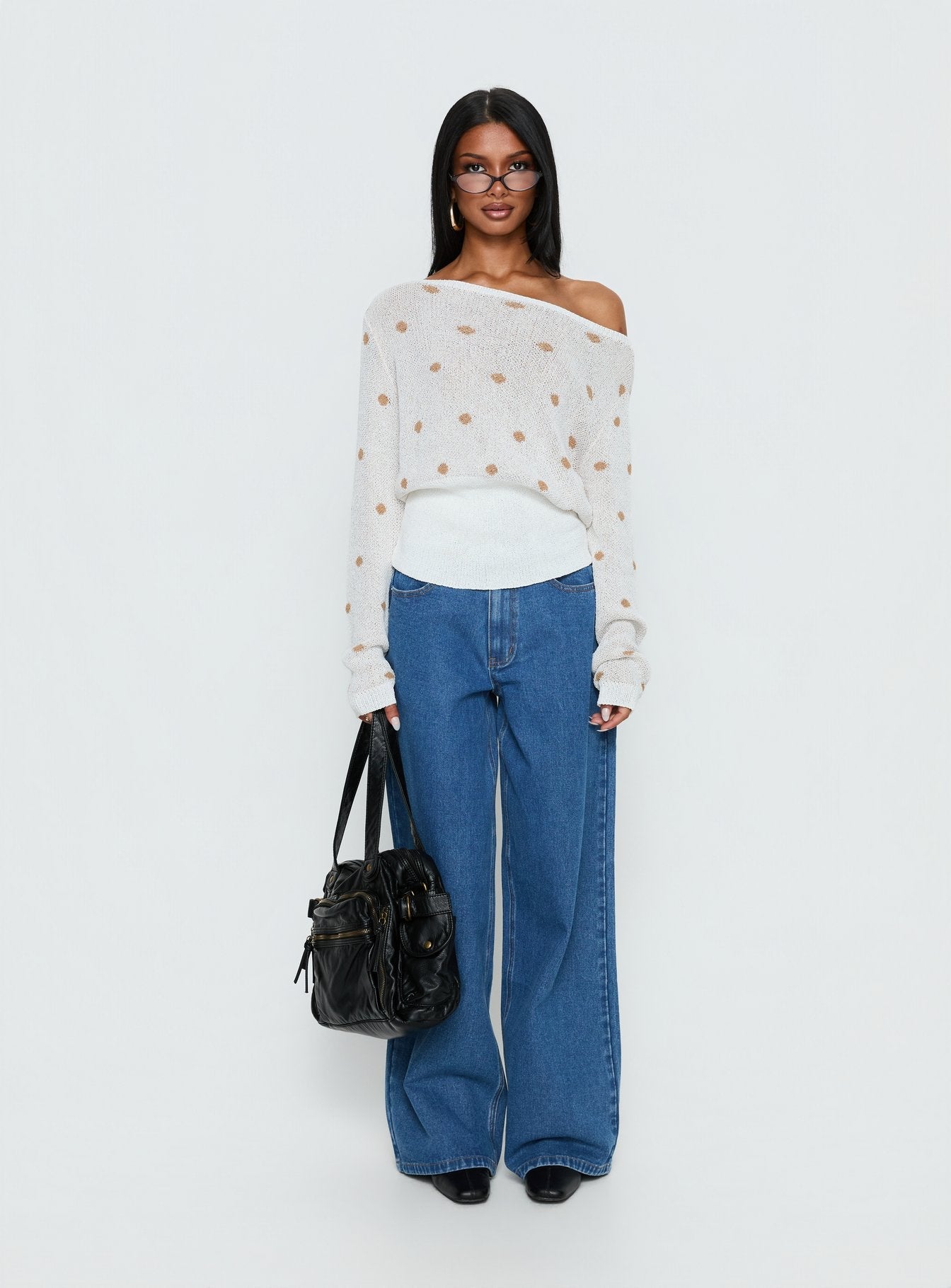 Harvy Off Shoulder Knit Sweater White Polka women's sweater by Ellevoria