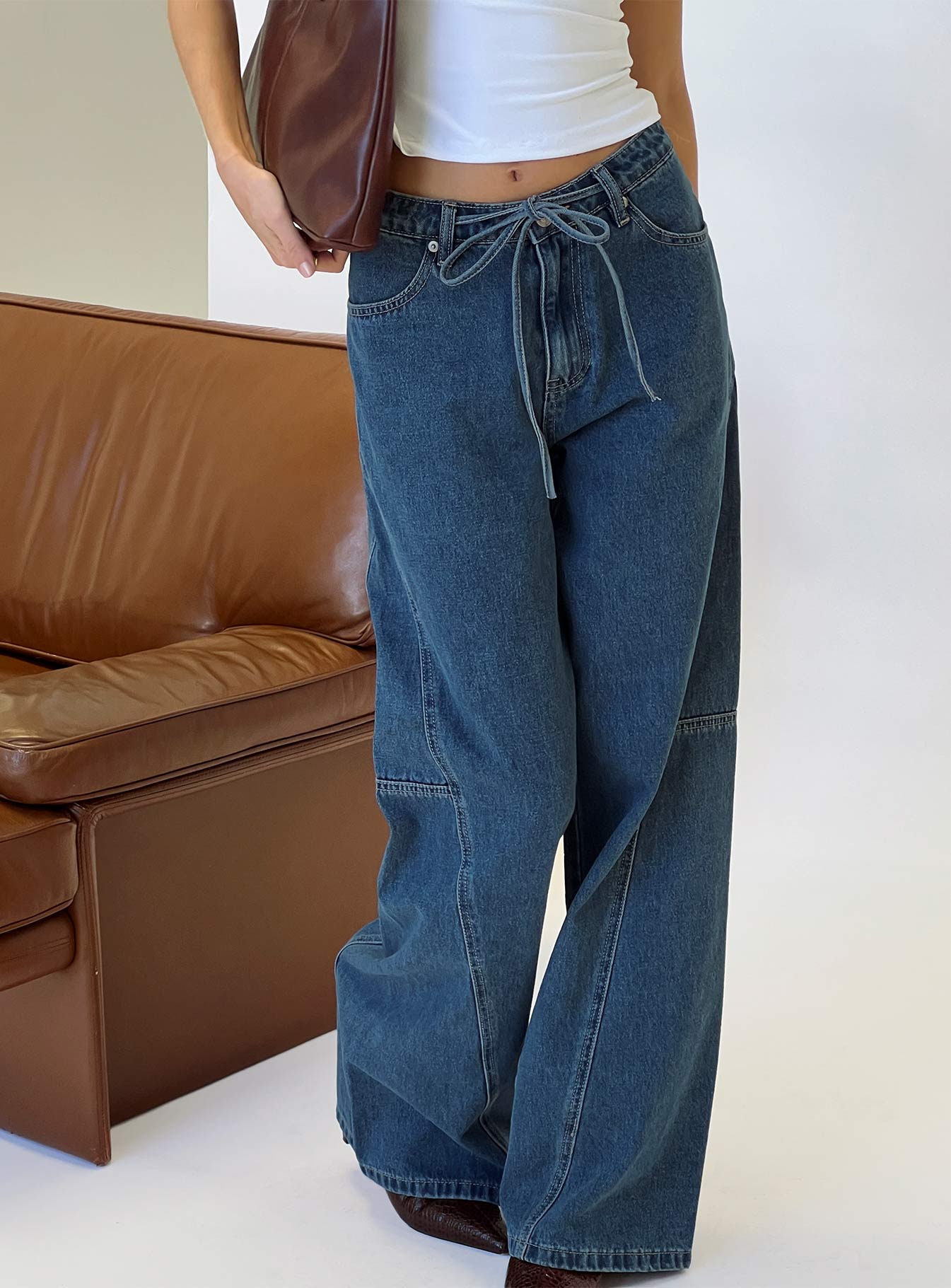 Bruiser Tie Waist Mid Rise Wide Leg Jeans Mid Blue Wash women's denim jeans by Ellevoria