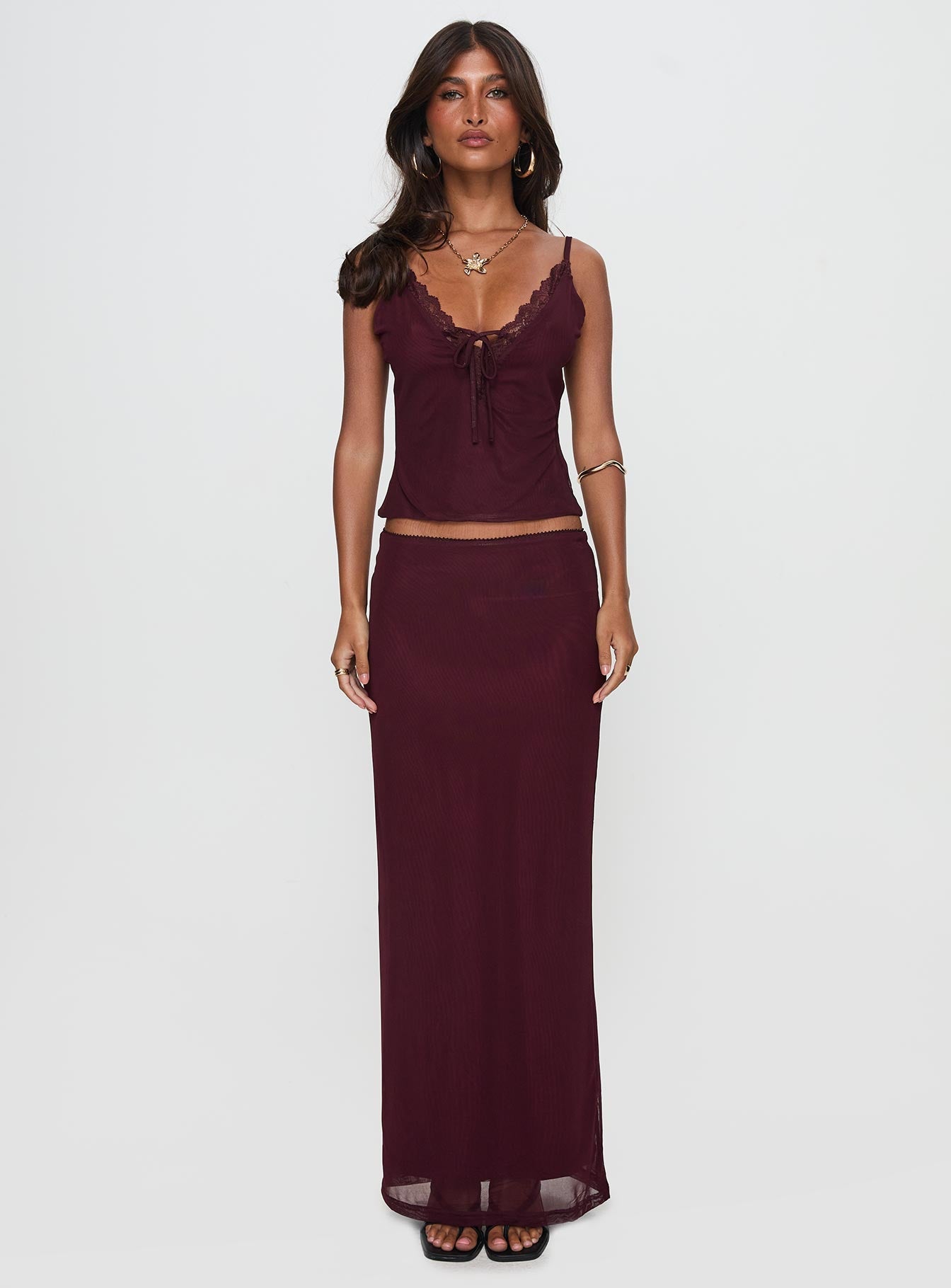 Reiko Lace Trim Tie Front Maxi Set Burgundy women's two piece set by Ellevoria