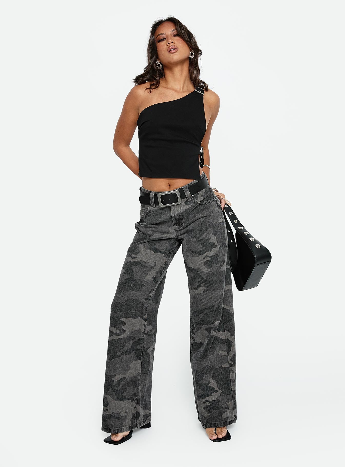 Big Talk Mid Rise Straight Leg Jeans Grey Washed Camo women's denim jeans by Ellevoria