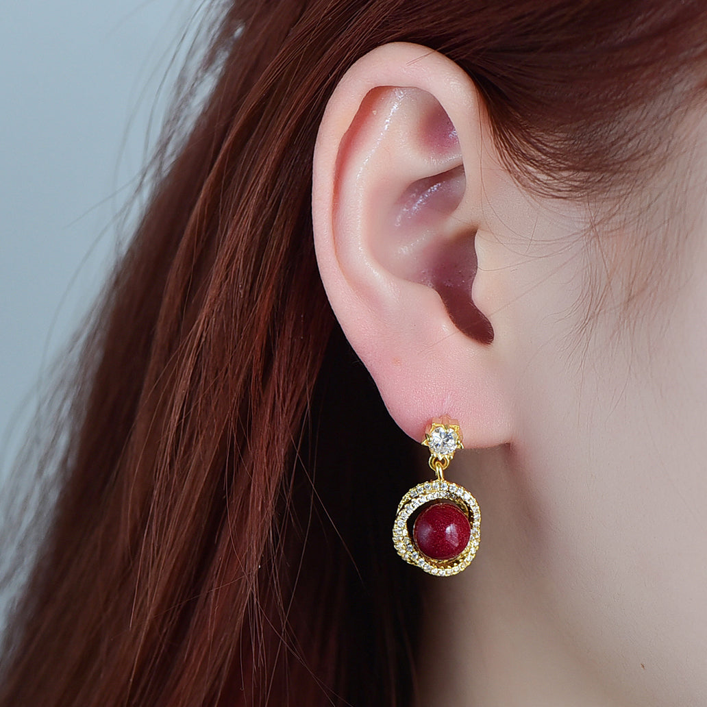 18K Gold Rotating Cinnabar Earrings - Zircon Snowflake Design