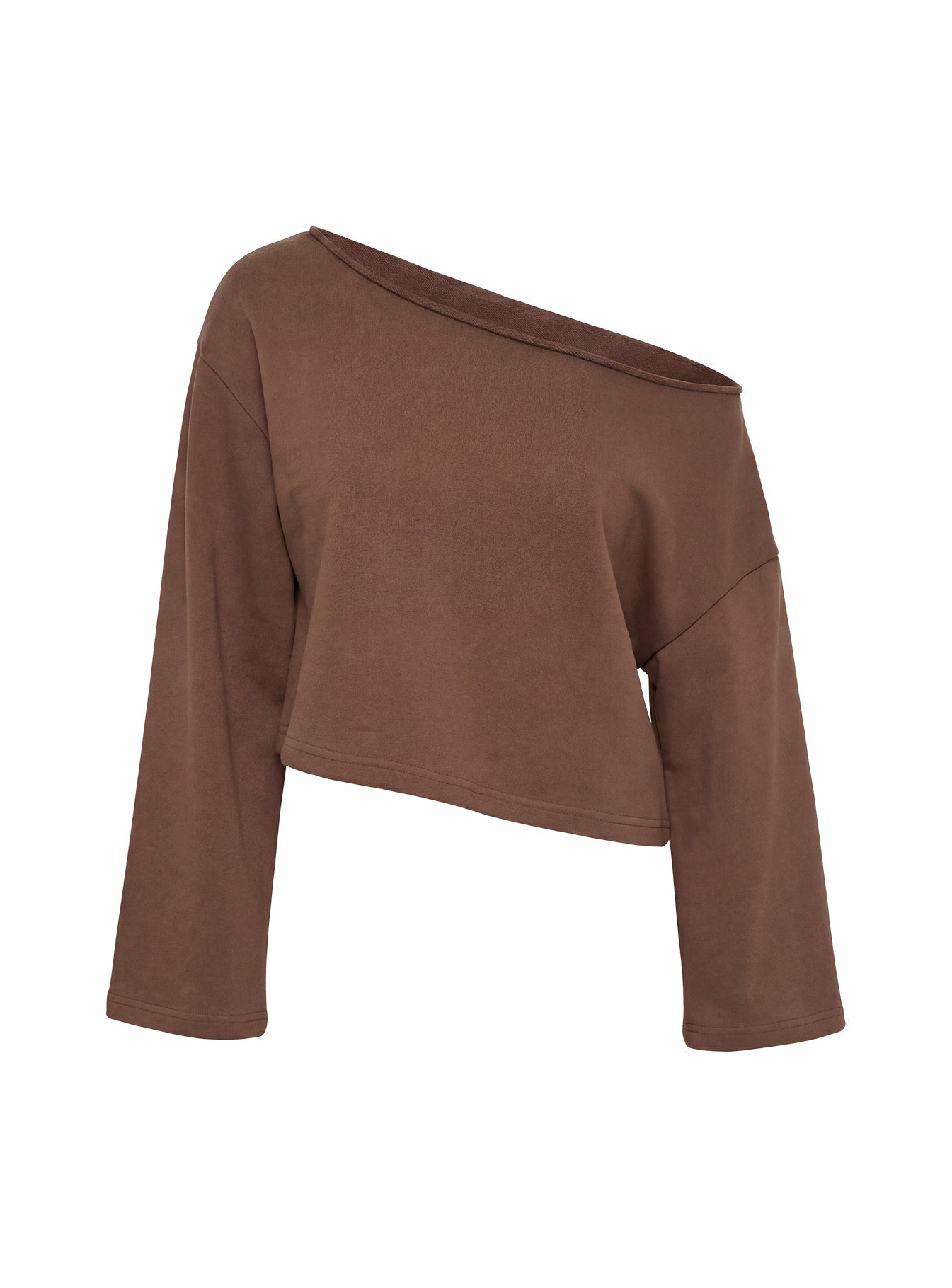 Retreat Raw Edge Off Shoulder Jumper Cocoa women's sweater by Ellevoria