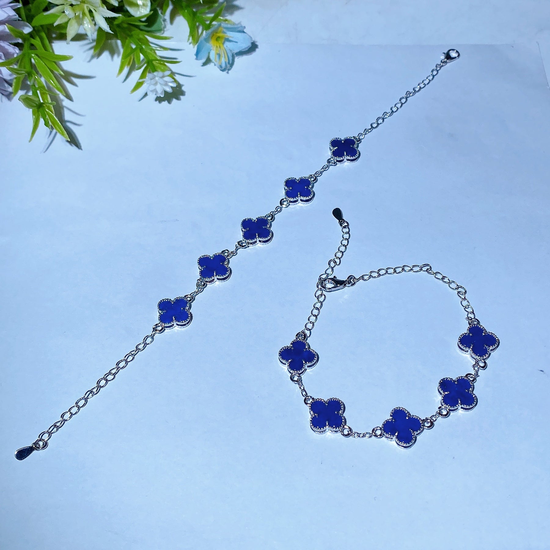 Copper Silver Plated Lapis Four Leaf Clover Bracelet
