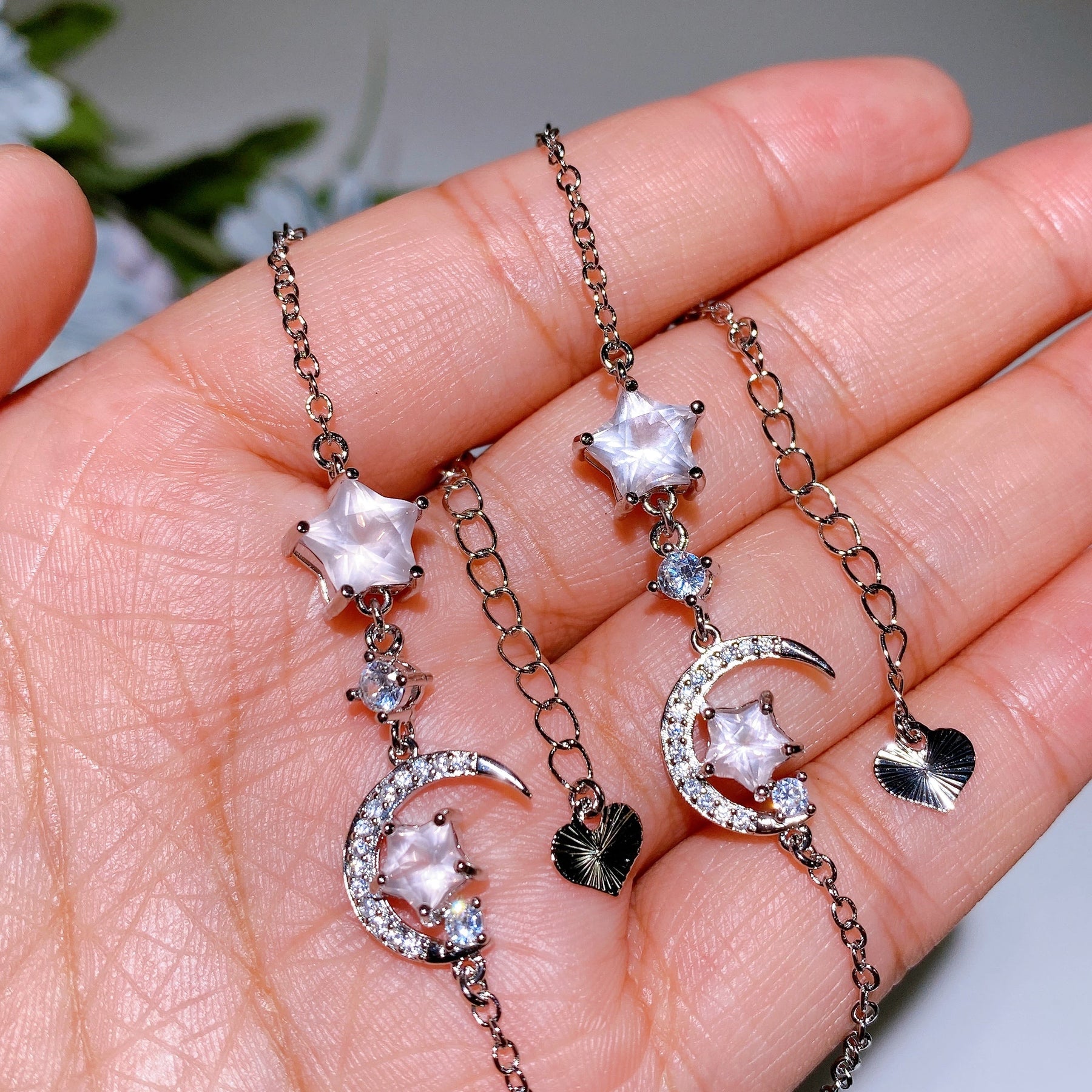 Copper Silver Plated Rose Quartz Moon & Star Bracelet