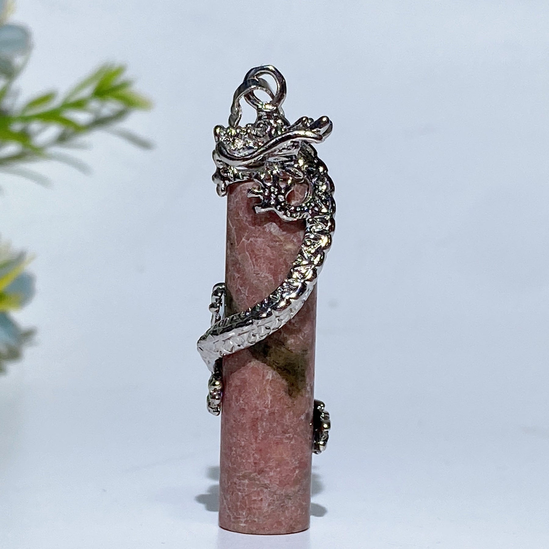 Metal Silver Dragon Coiling Around Crystal Cylinder Pendant