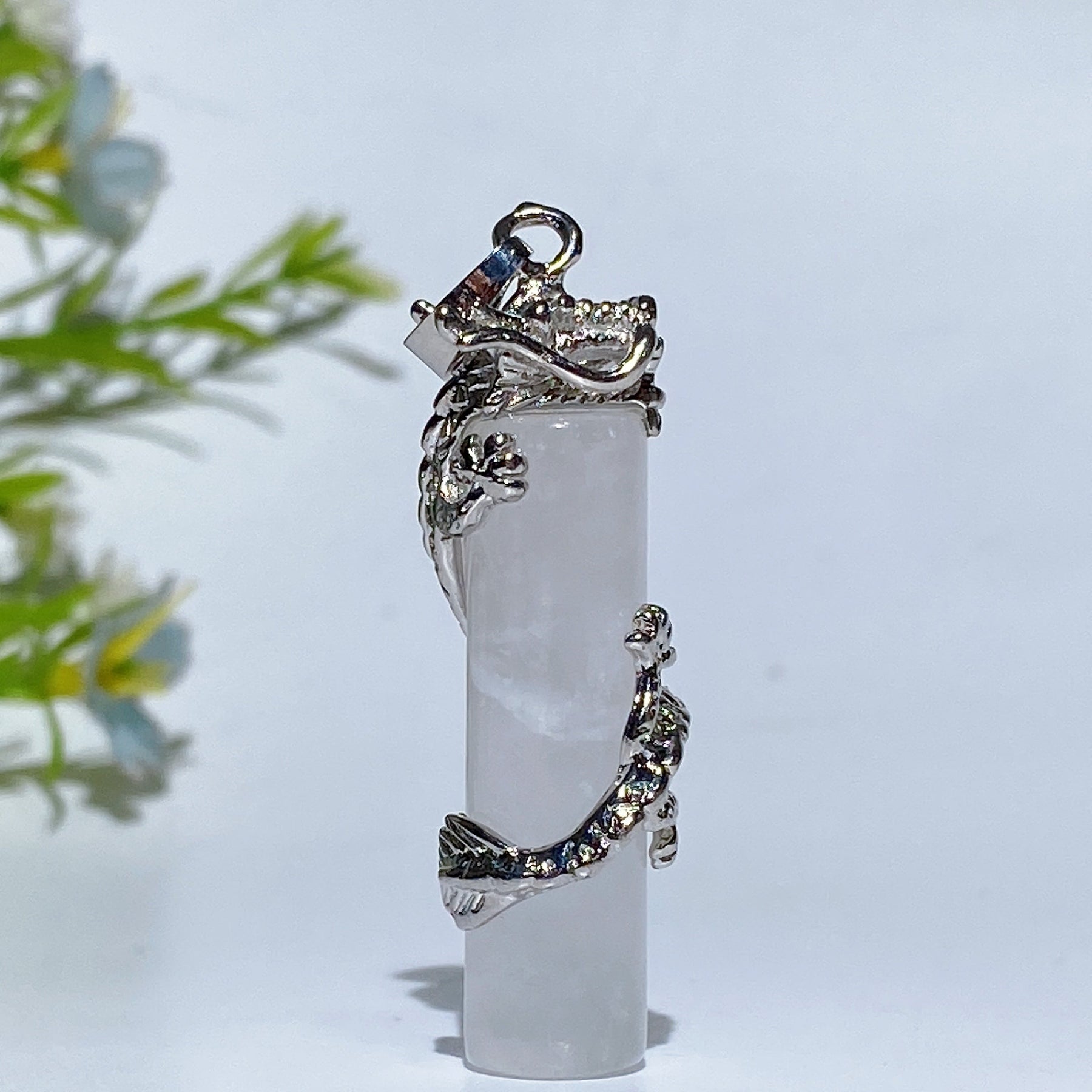Metal Silver Dragon Coiling Around Crystal Cylinder Pendant