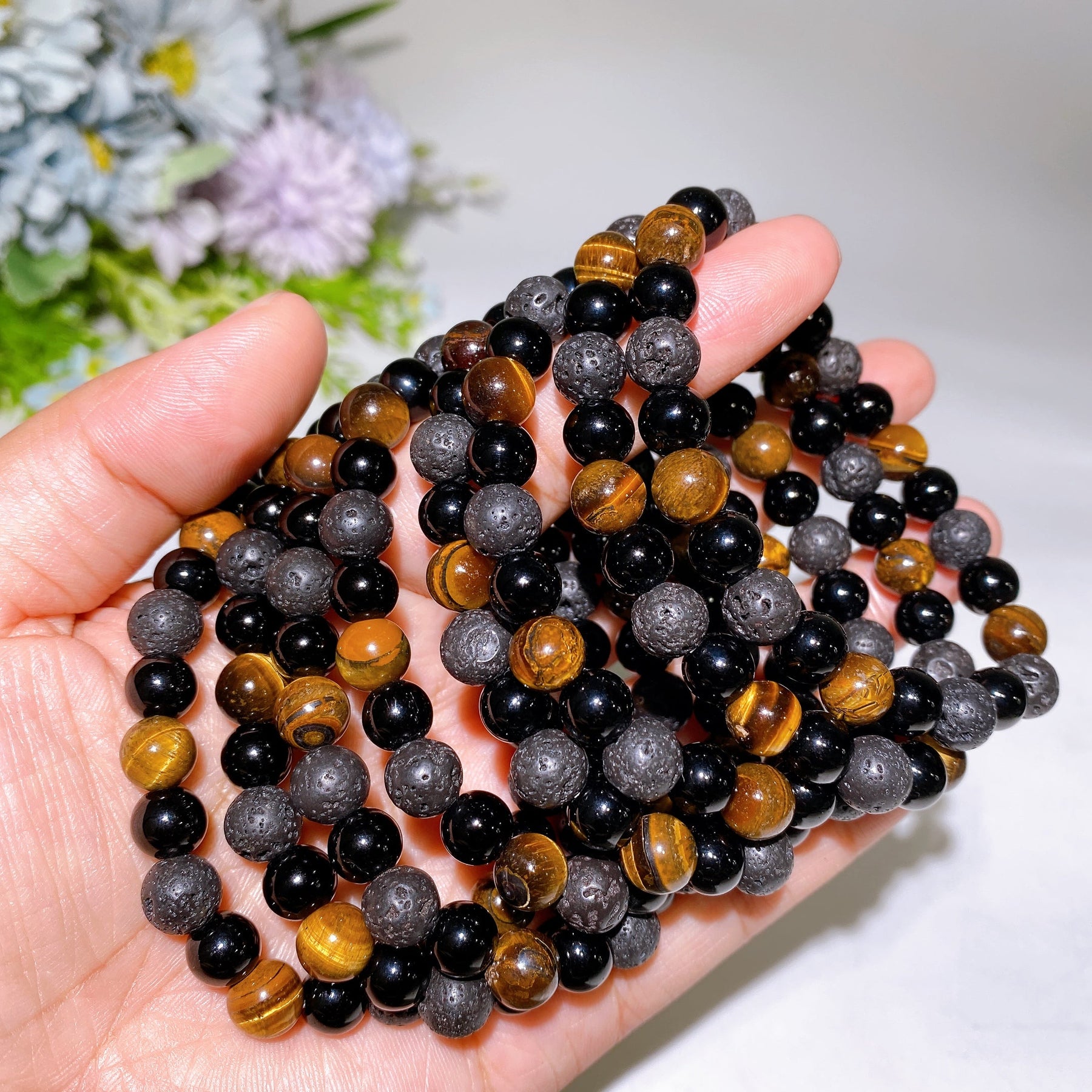 8mm Lava Stone Yellow Tiger's Eye Black Obsidian Mixed Crystal Bracelet