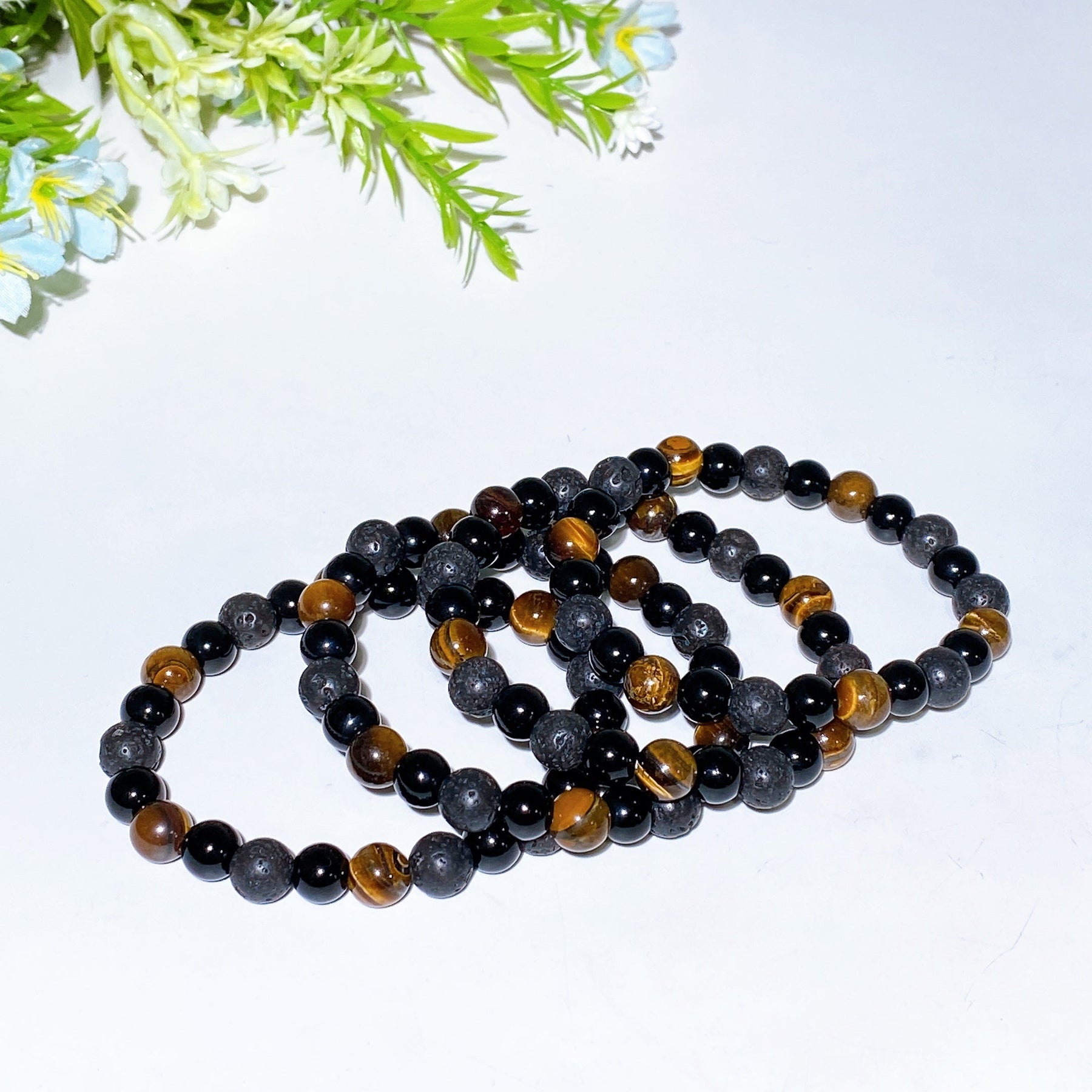 8mm Lava Stone Yellow Tiger's Eye Black Obsidian Mixed Crystal Bracelet