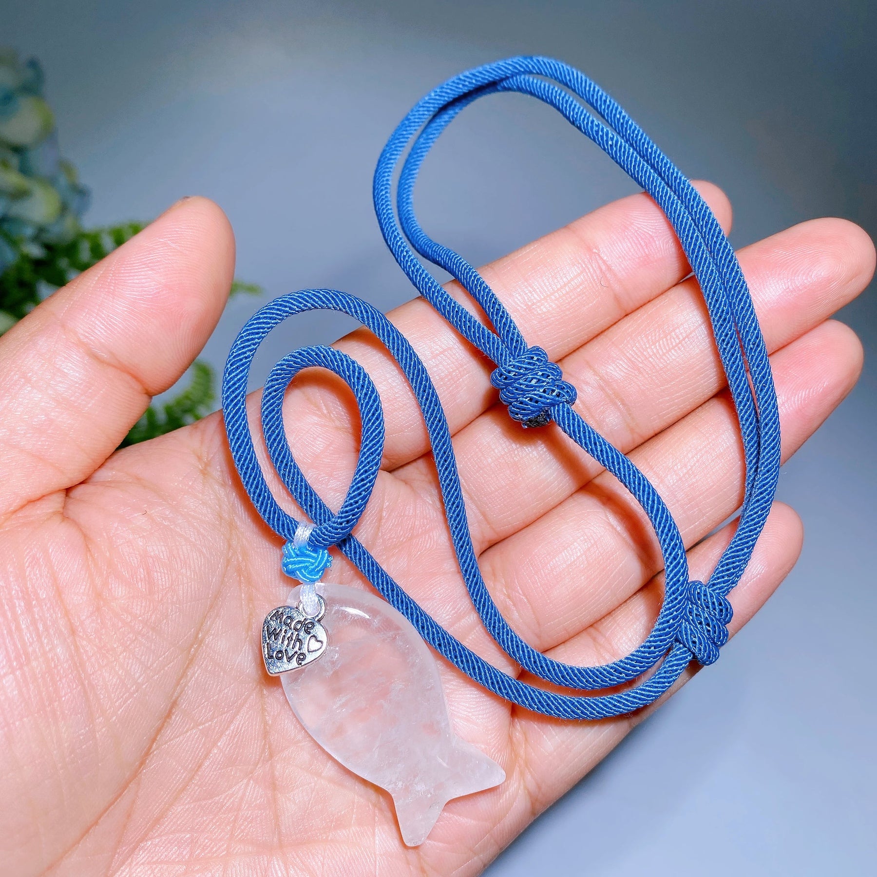Natural Clear Quartz Fish with Rope Necklace