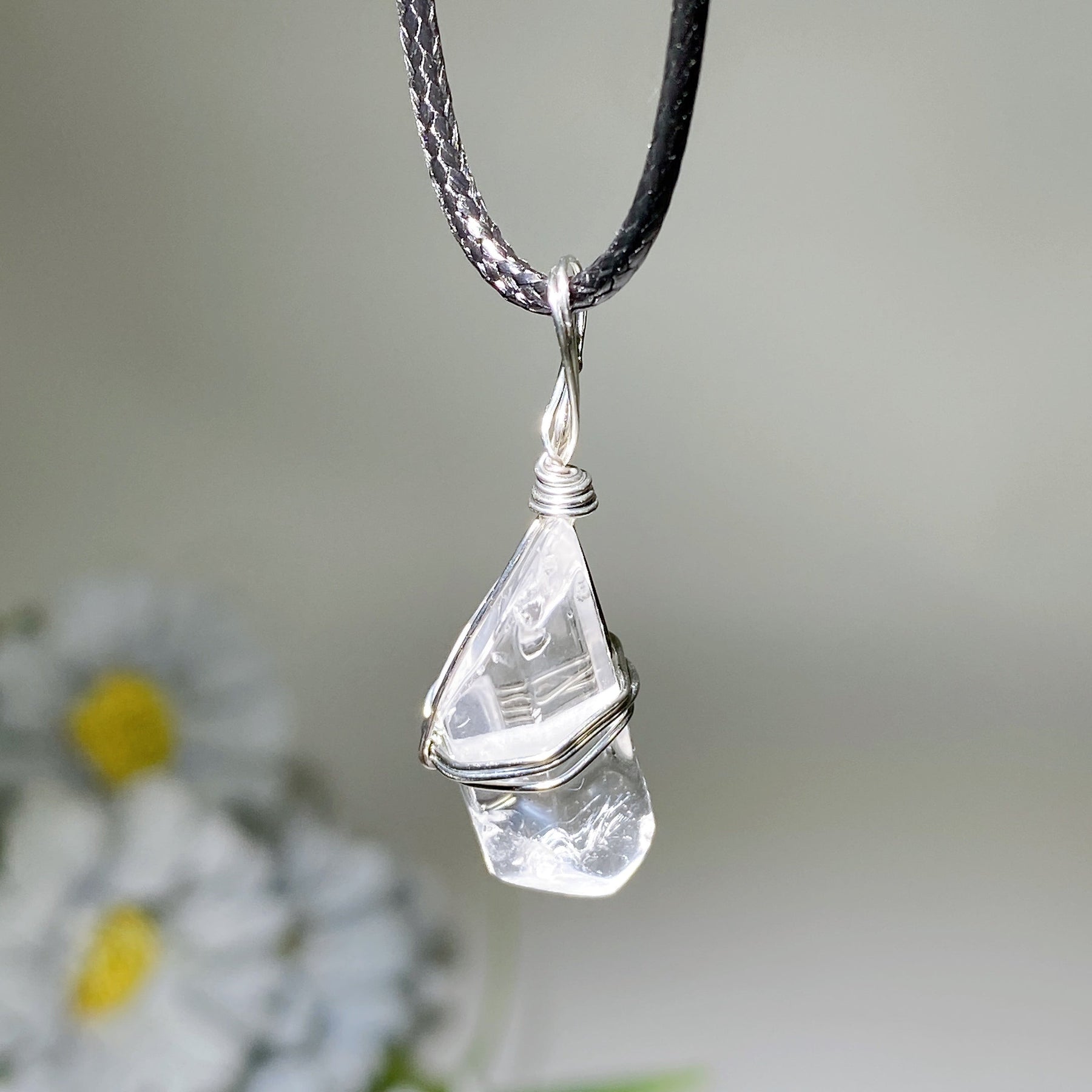 Clear Quartz Point Pendant with Black Cord