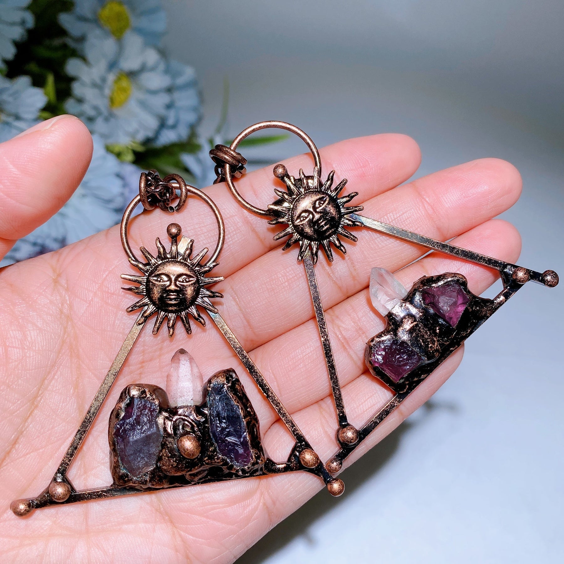 Amethyst Clear Quartz with Metal Sun Face Necklace