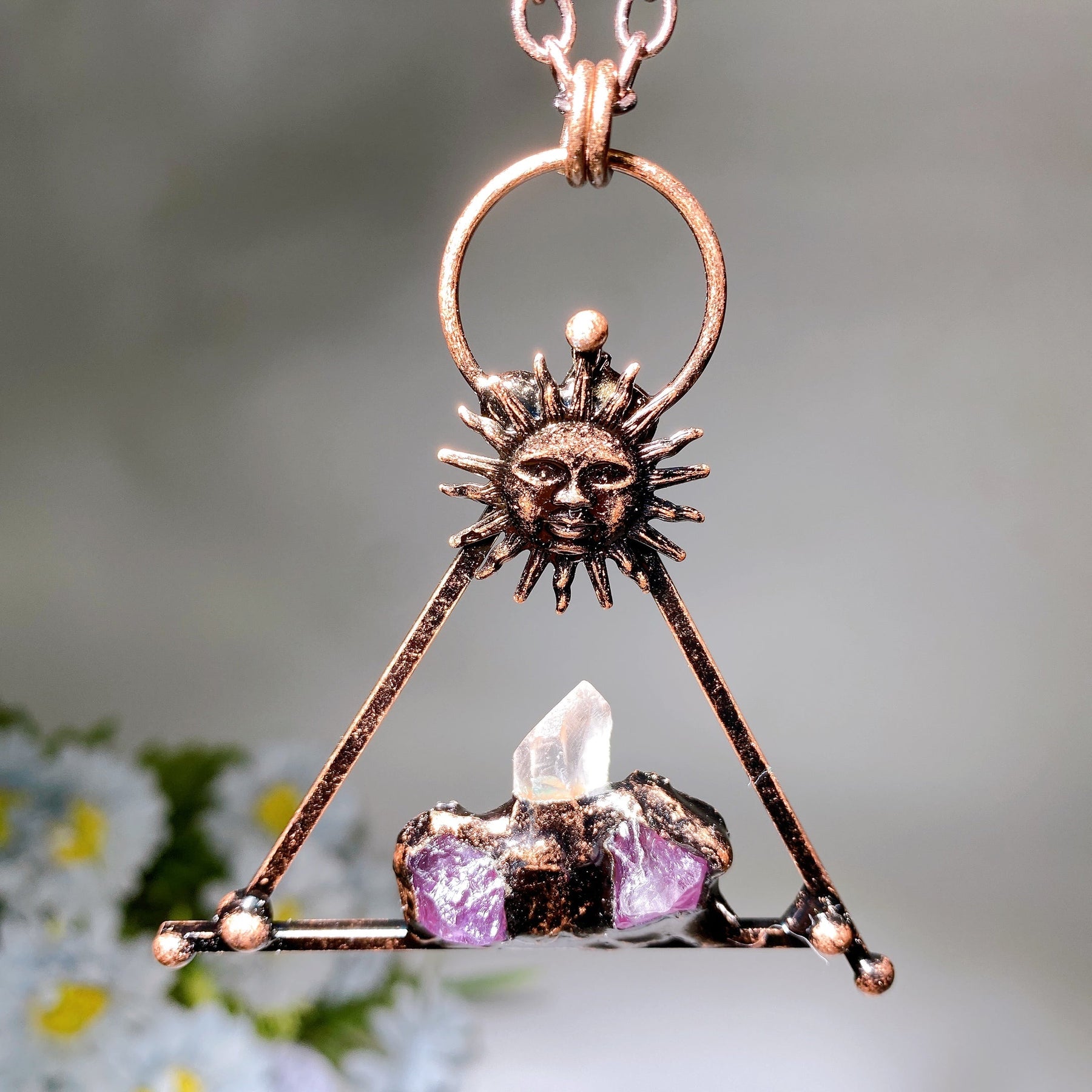 Amethyst Clear Quartz with Metal Sun Face Necklace