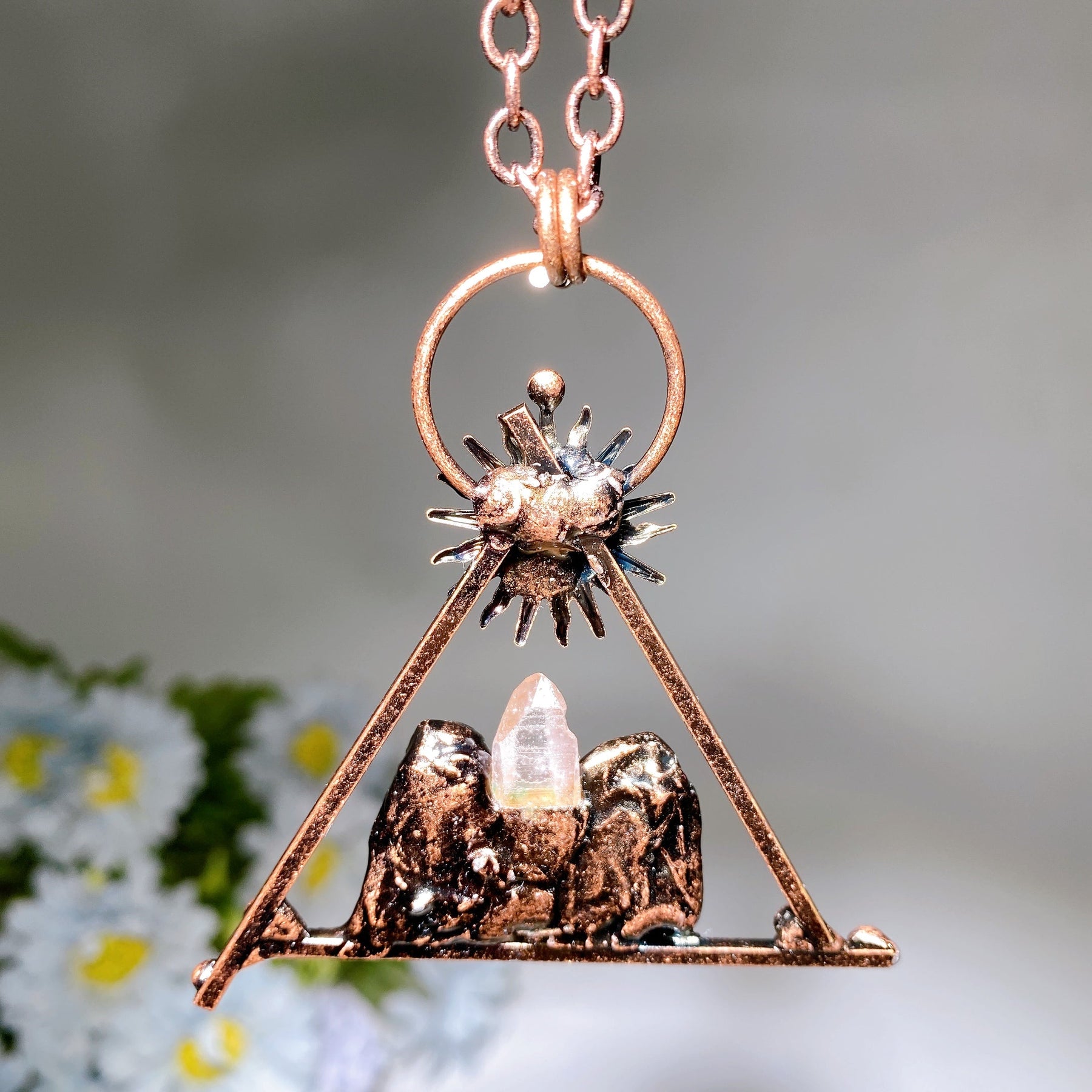Amethyst Clear Quartz with Metal Sun Face Necklace