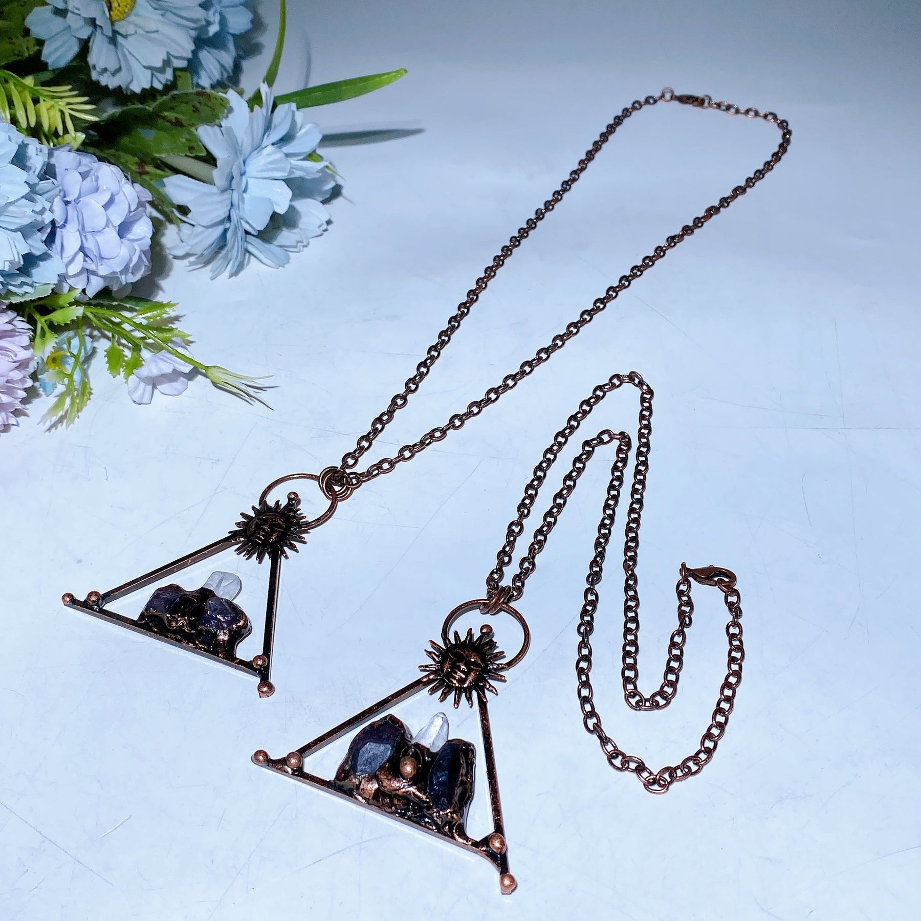 Amethyst Clear Quartz with Metal Sun Face Necklace