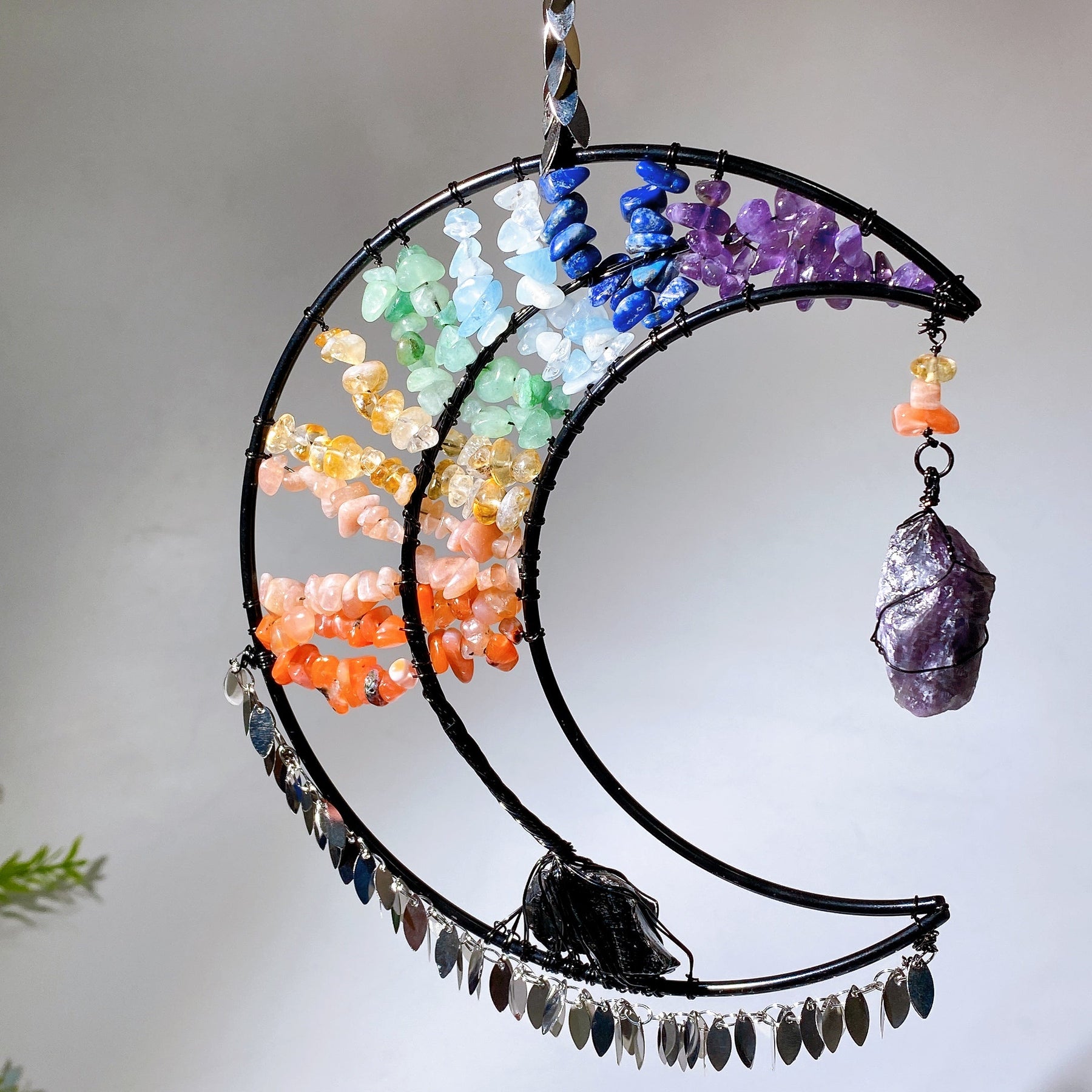 Wire Wrap Natural Gemstone Crystal Chips Moon Leaf Hanging Ornament