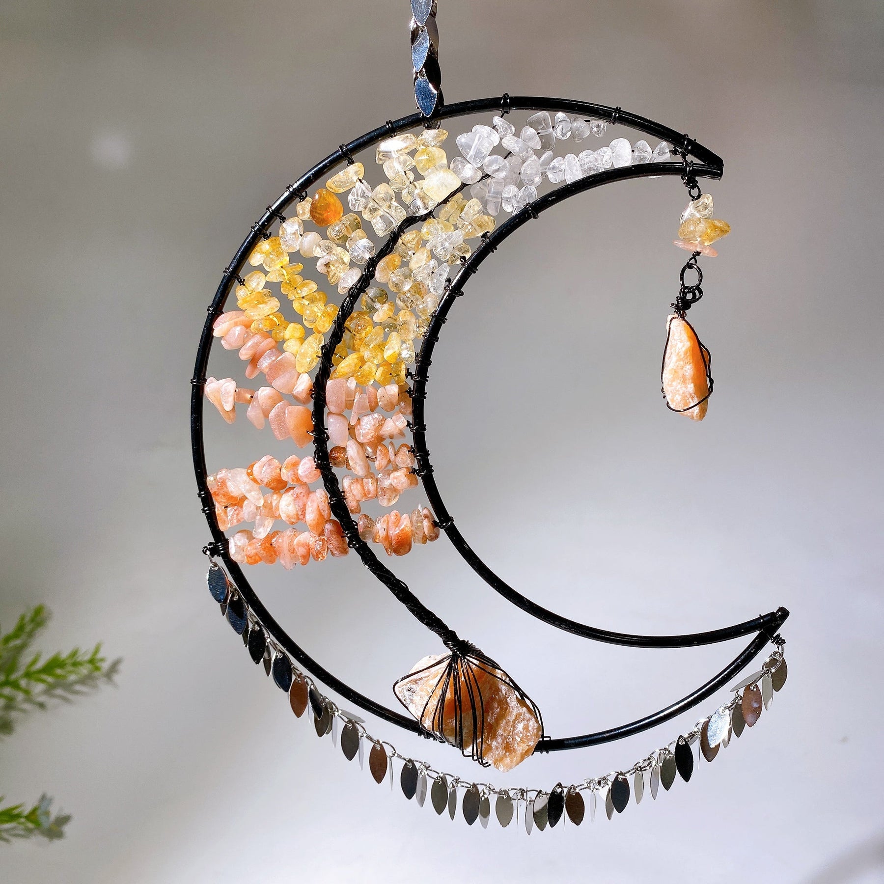Wire Wrap Natural Gemstone Crystal Chips Moon Leaf Hanging Ornament