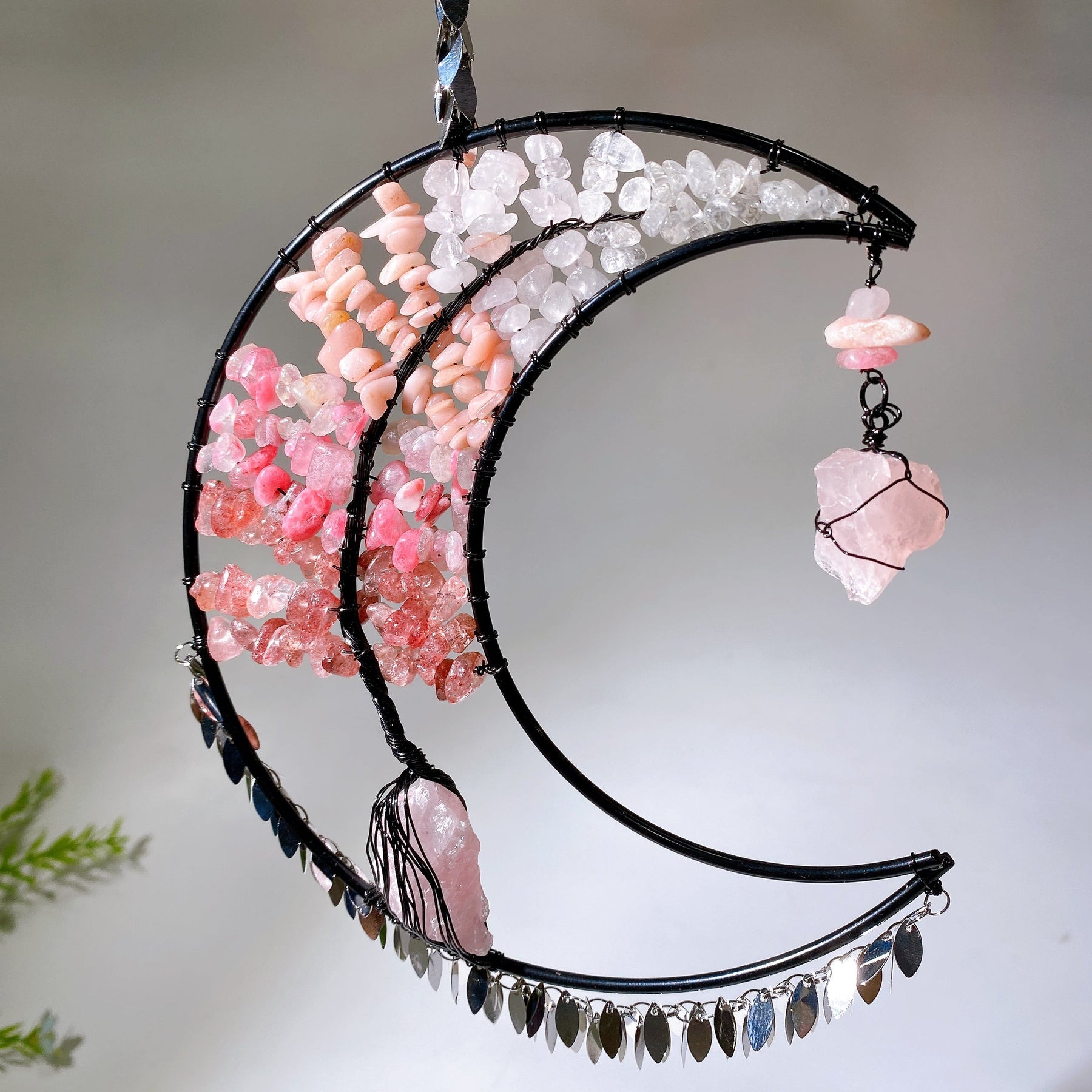 Wire Wrap Natural Gemstone Crystal Chips Moon Leaf Hanging Ornament