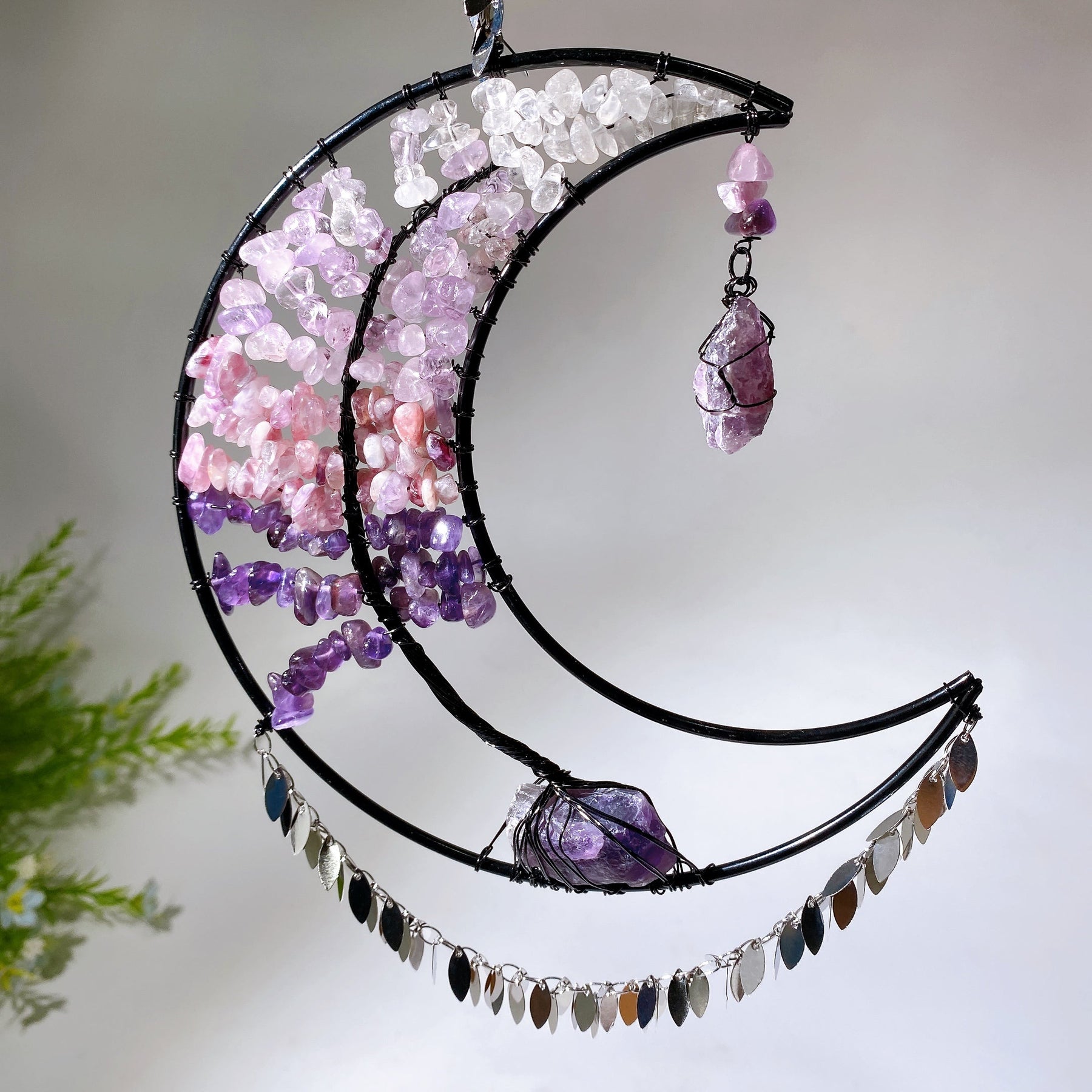 Wire Wrap Natural Gemstone Crystal Chips Moon Leaf Hanging Ornament