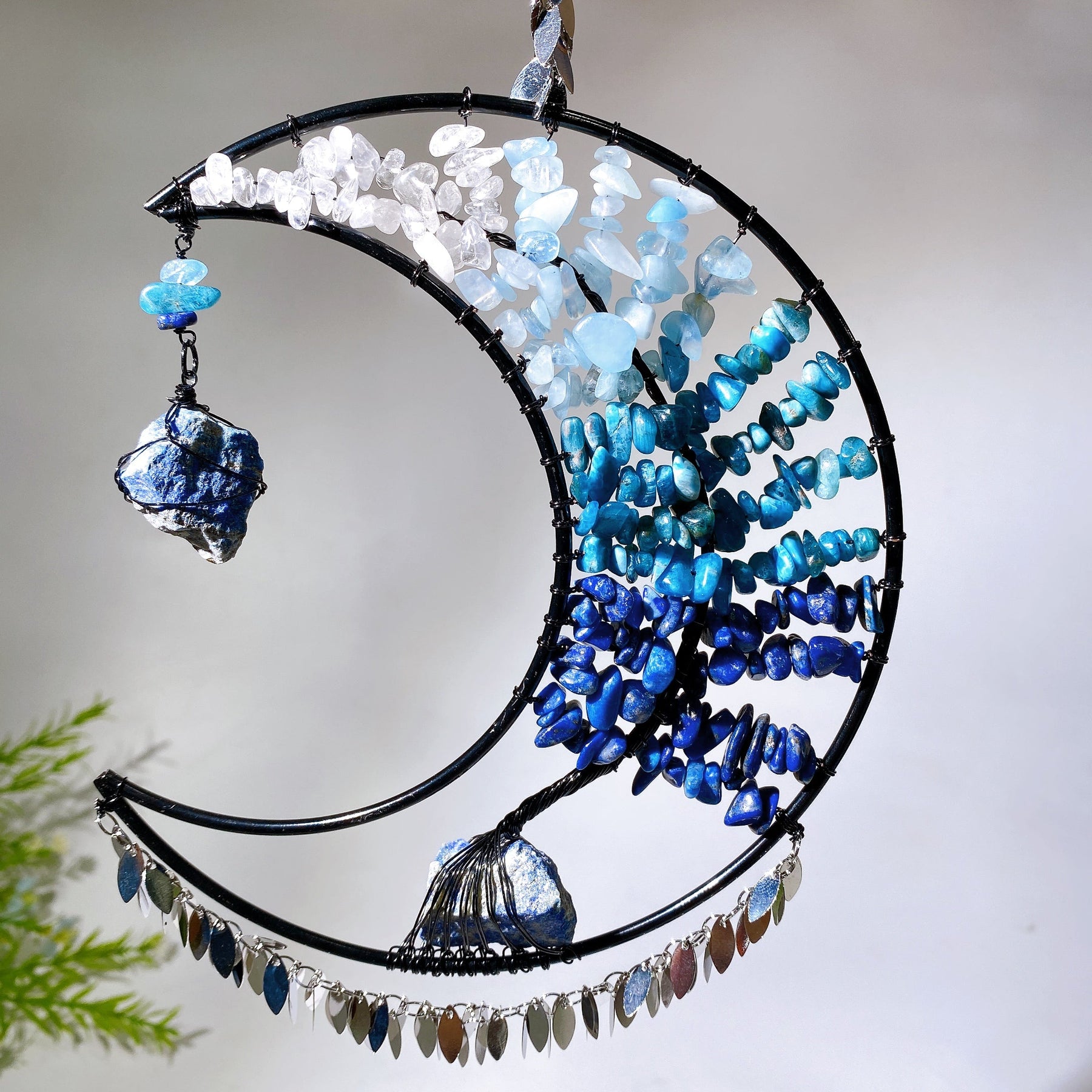 Wire Wrap Natural Gemstone Crystal Chips Moon Leaf Hanging Ornament