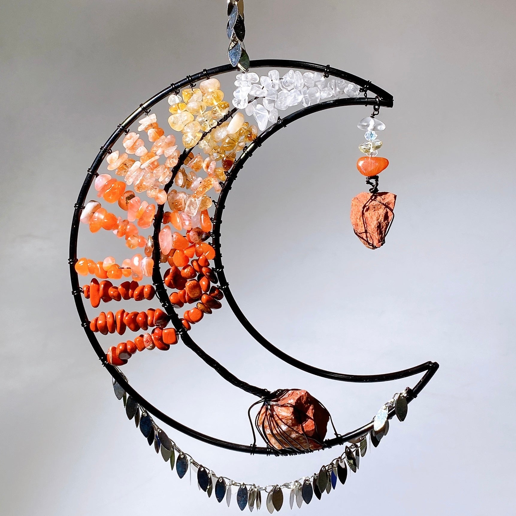 Wire Wrap Natural Gemstone Crystal Chips Moon Leaf Hanging Ornament