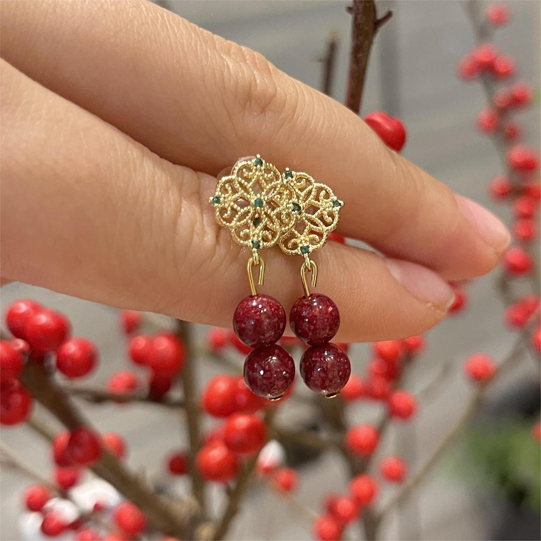14k Gold & Cinnabar Crystal Earrings