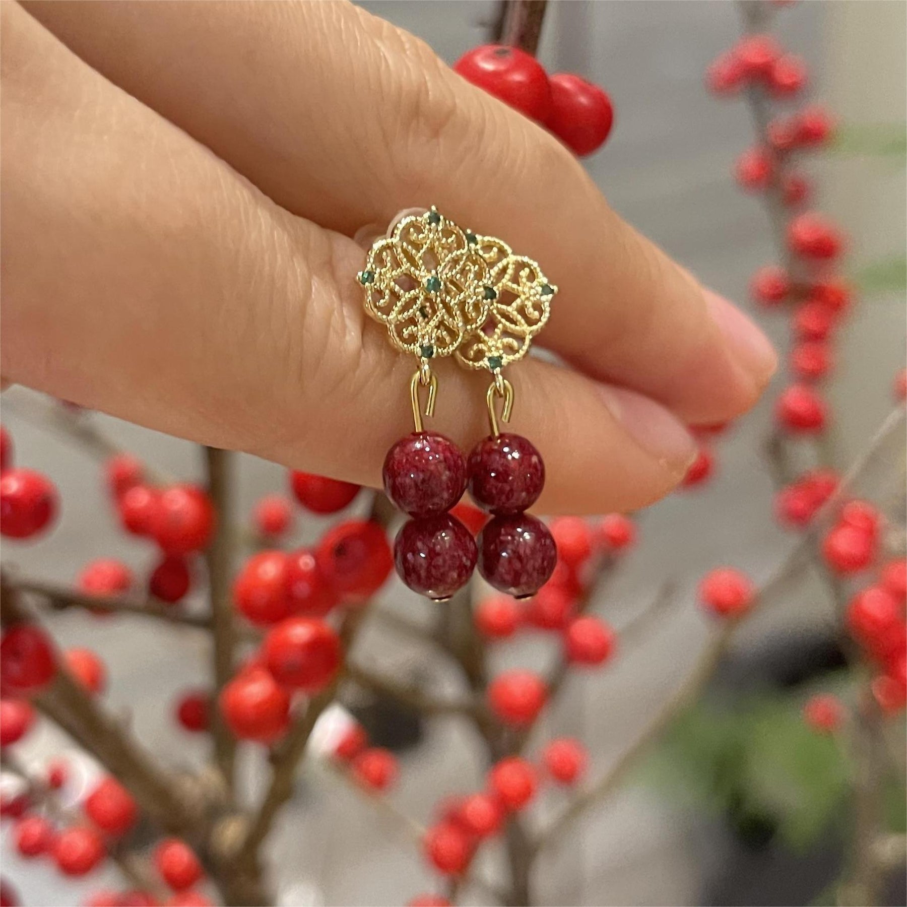 14k Gold & Cinnabar Crystal Earrings