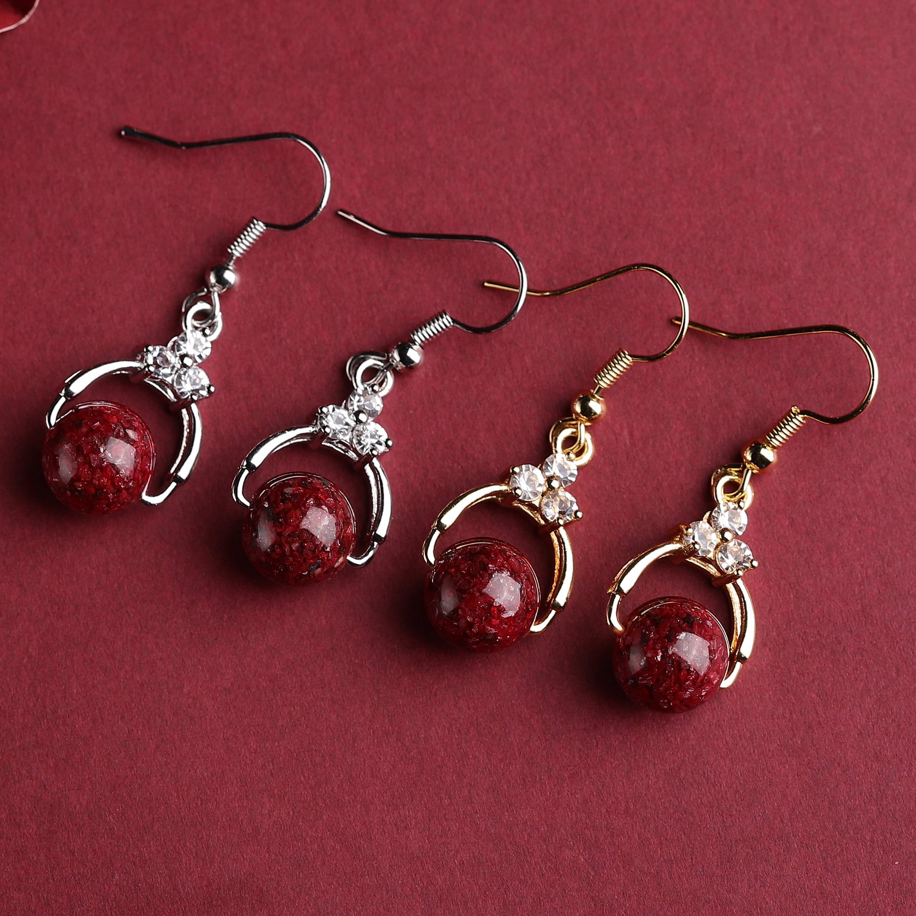 Rare Red Cinnabar Crystal Earrings - 925 Sterling Silver, Diamond Accents