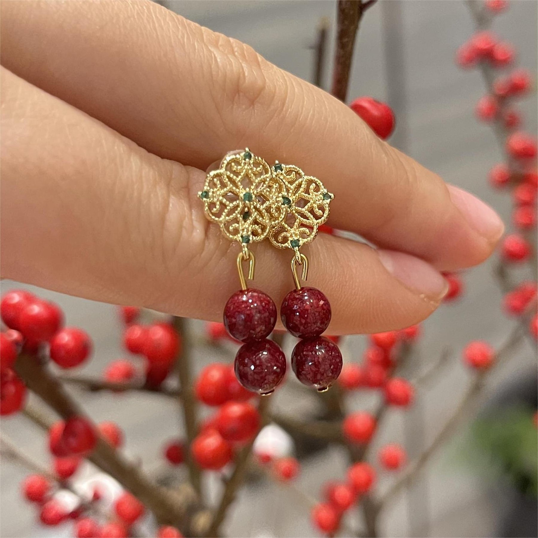 14k Gold & Cinnabar Crystal Earrings