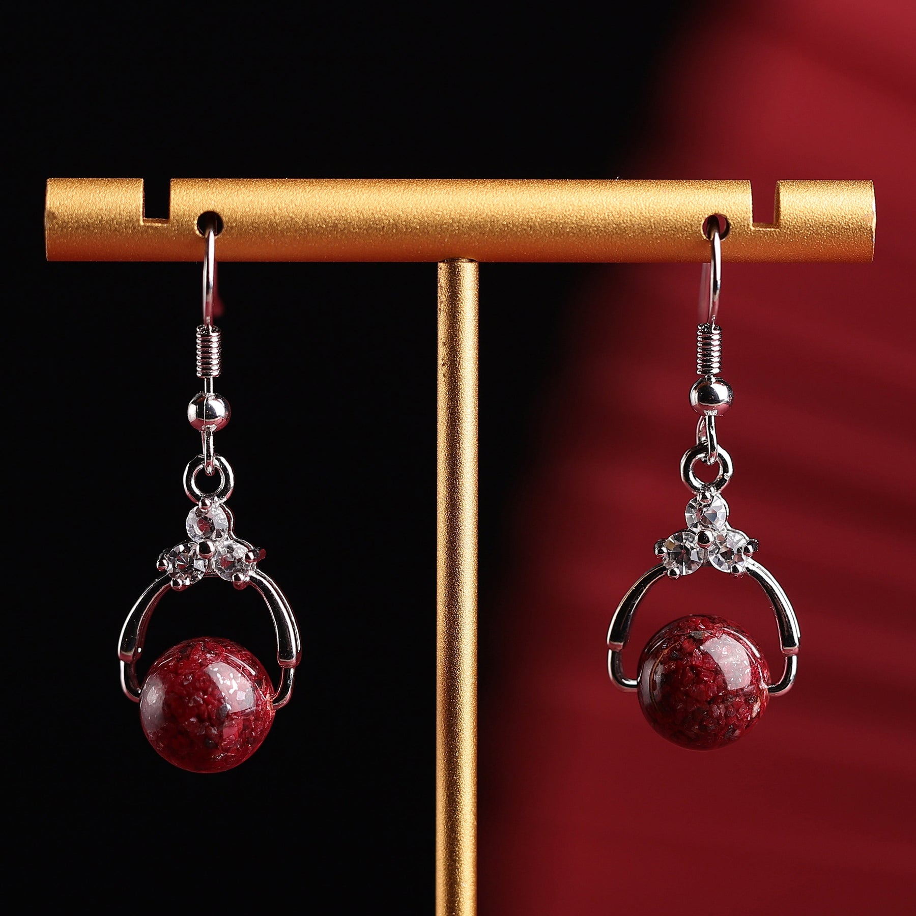Rare Red Cinnabar Crystal Earrings - 925 Sterling Silver, Diamond Accents