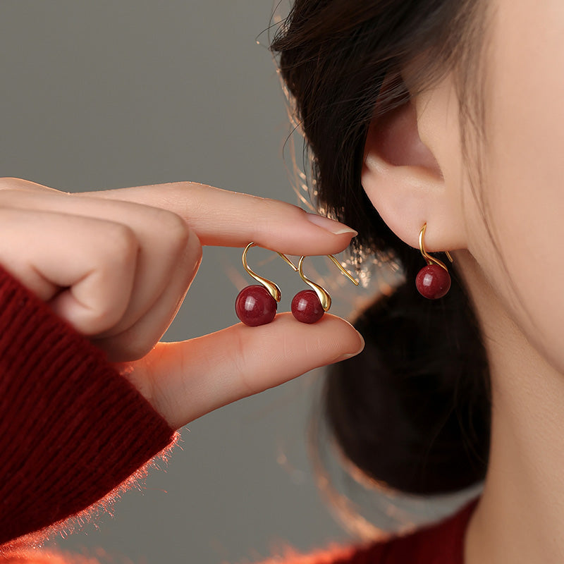 18K Gold Hook Cinnabar Earrings - Minimalist Elegance
