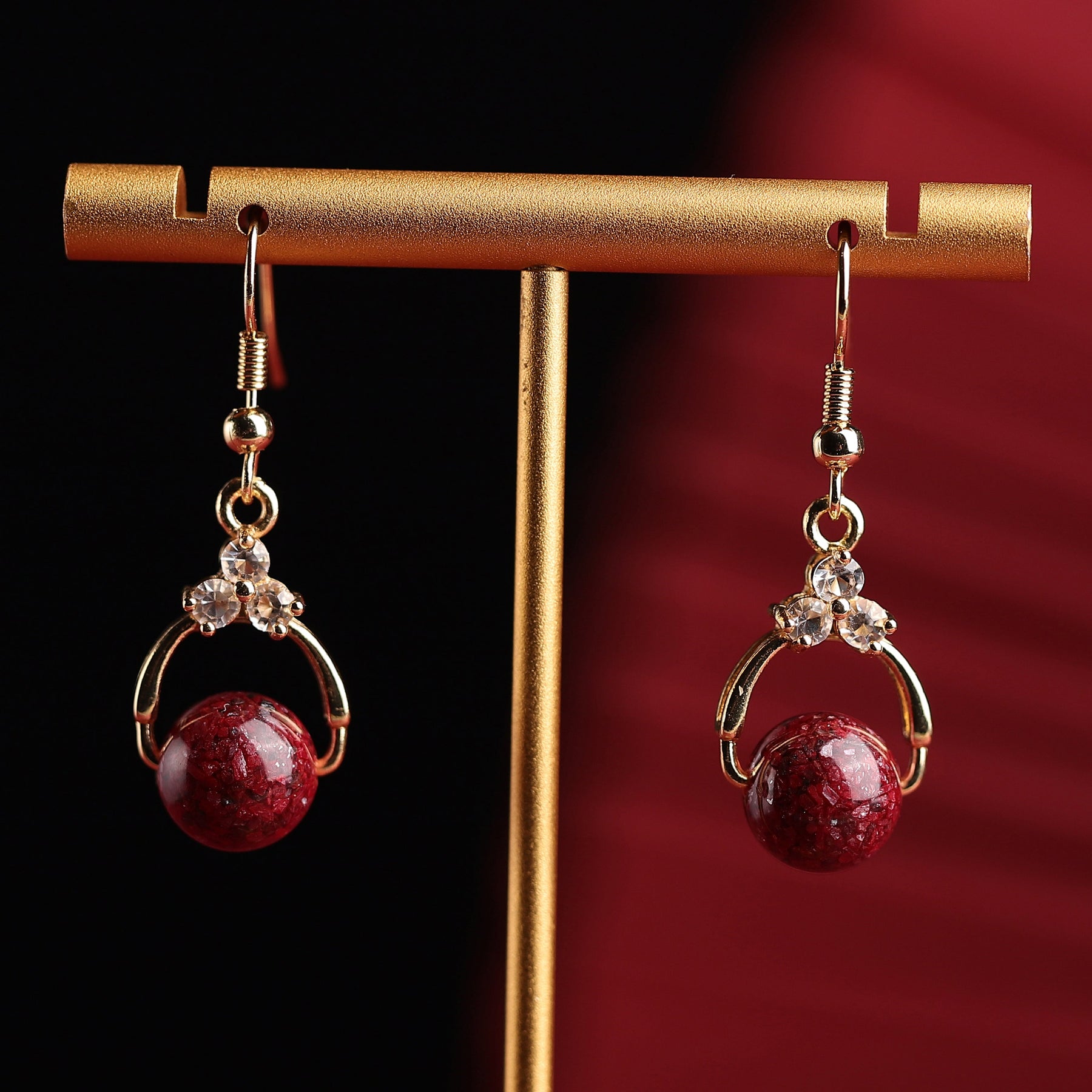 Rare Red Cinnabar Crystal Earrings - 925 Sterling Silver, Diamond Accents