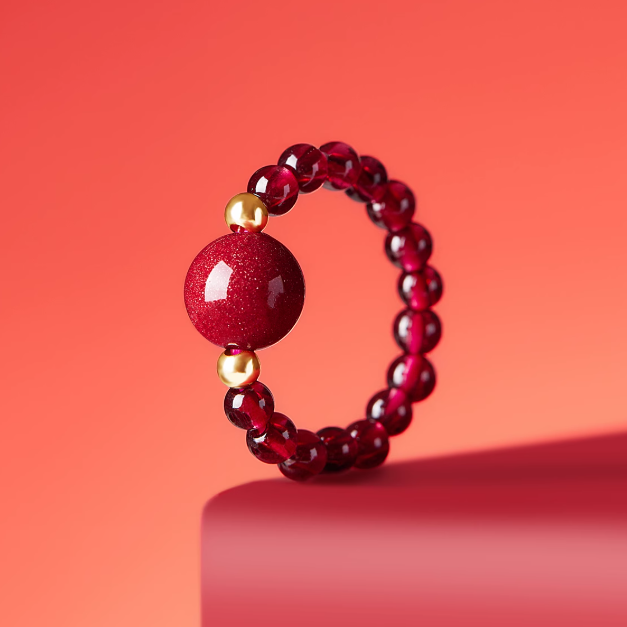 Cinnabar Bead Ring with Garnet and 14K Gold Accents